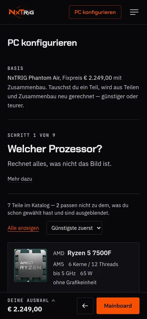 NXTRIG-Konfigurator am Handy: Schritt 1 von 9, „Welcher Prozessor?“, unten die Auswahl mit Gesamtpreis