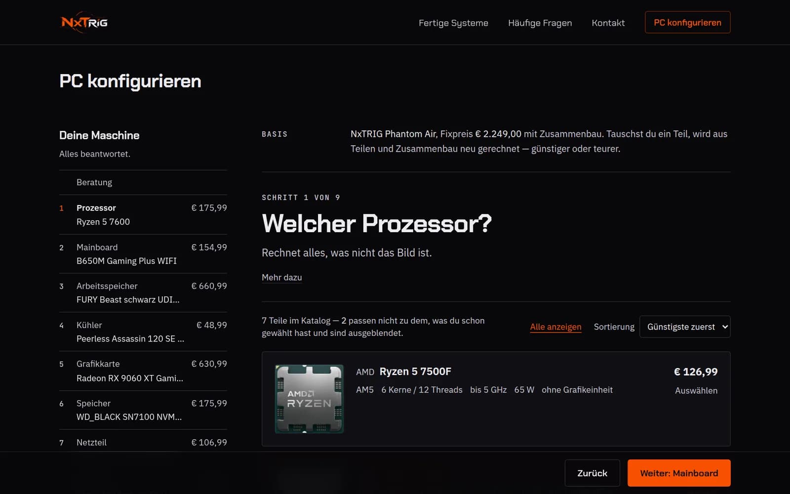 NXTRIG-Konfigurator am Desktop: Schritt 1 von 9, „Welcher Prozessor?“, links die gewählten Teile mit Preisen, oben der Vorschlag NxTRIG Phantom Air als Basis