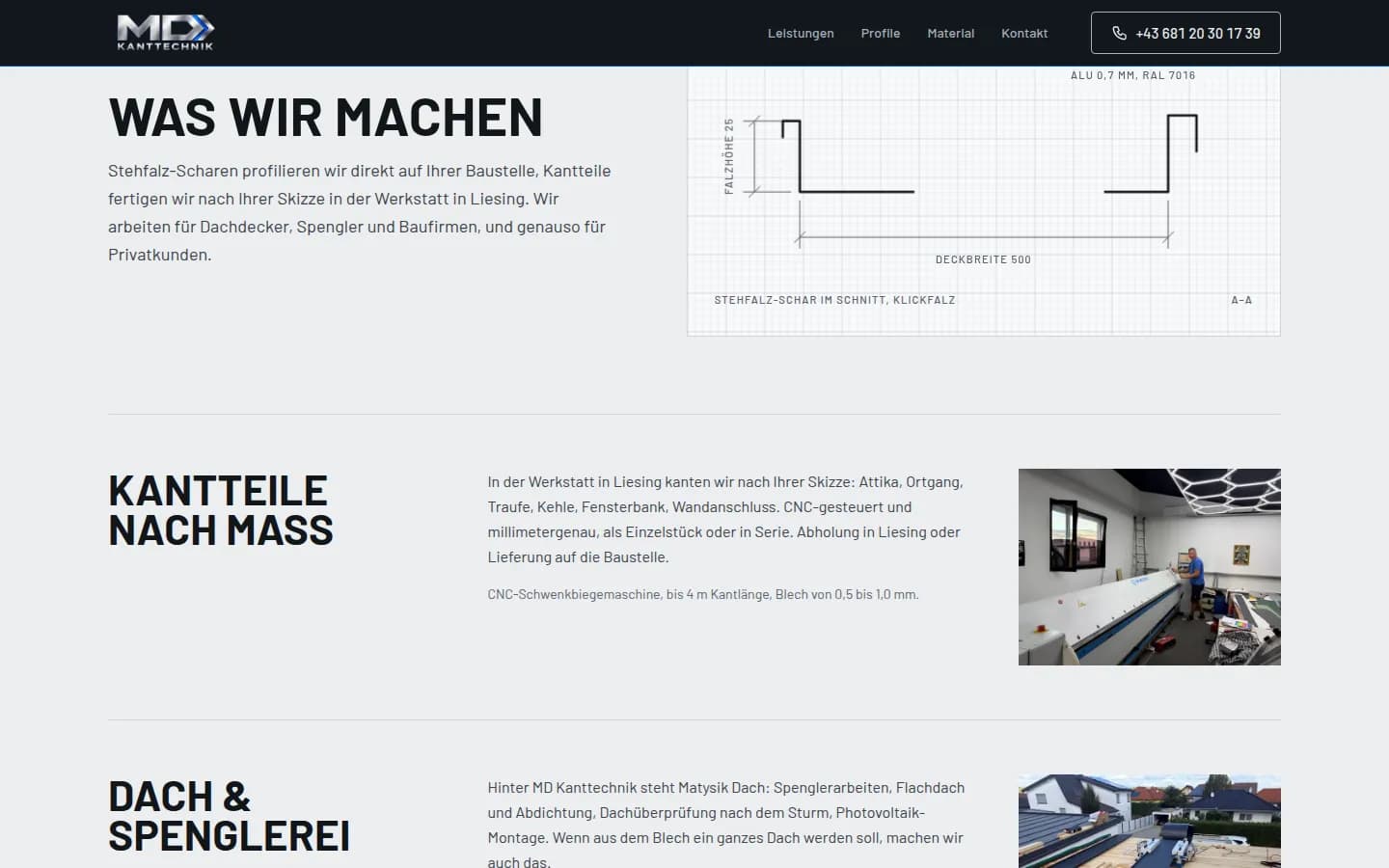 MD Kanttechnik's services: “Was wir machen” and “Kantteile nach Maß” with a photo from the workshop