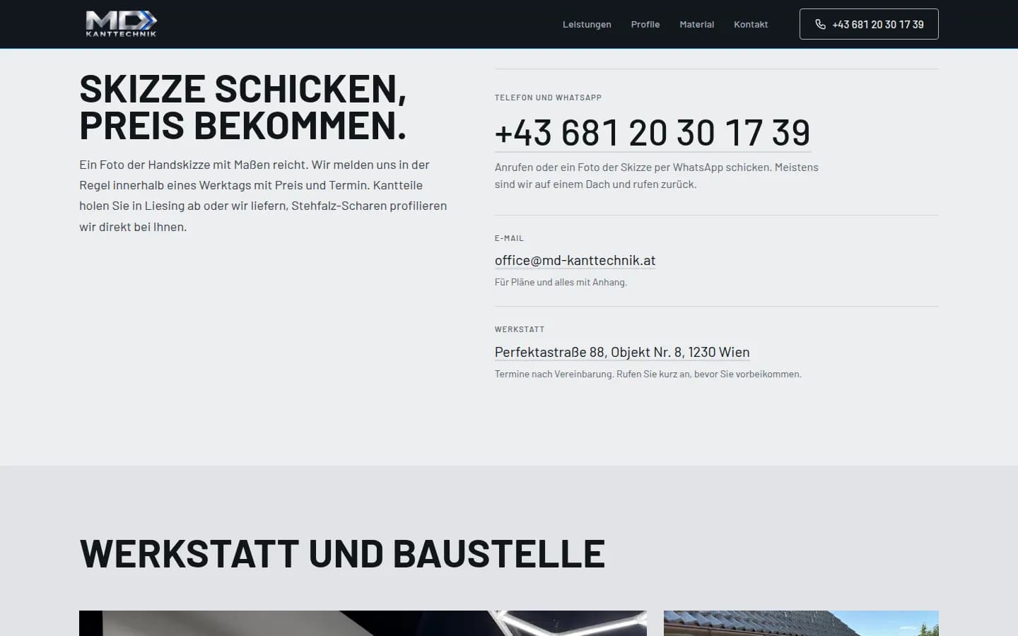 MD Kanttechnik's contact section with phone number, email address and the workshop's address