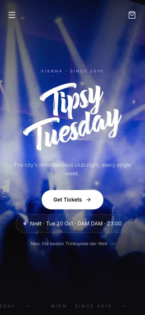 The website bown built for Tipsy Tuesday on a phone