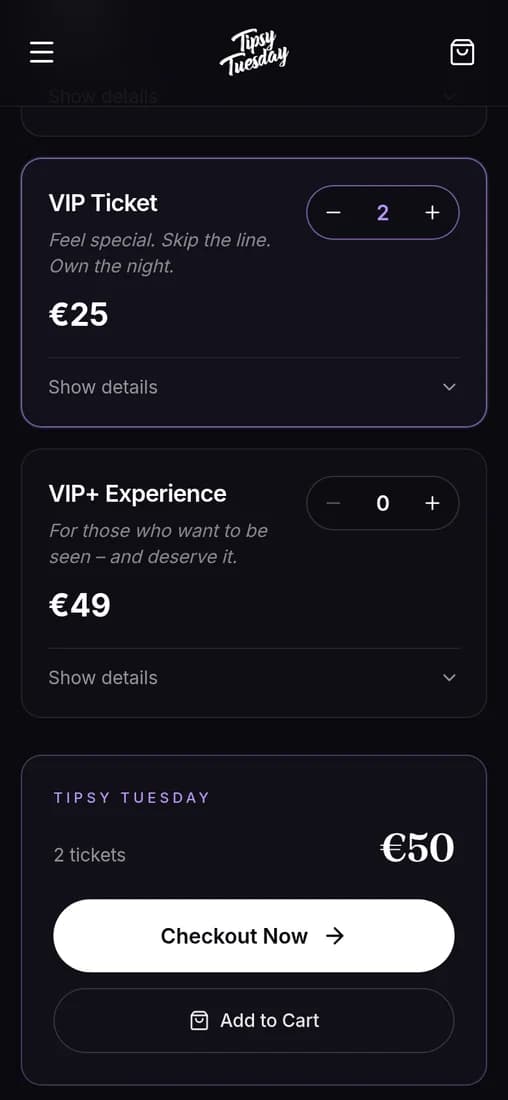 Der Ticketkauf bei Tipsy Tuesday am Handy: zwei VIP-Tickets gewählt, Summe und Button zur Kasse