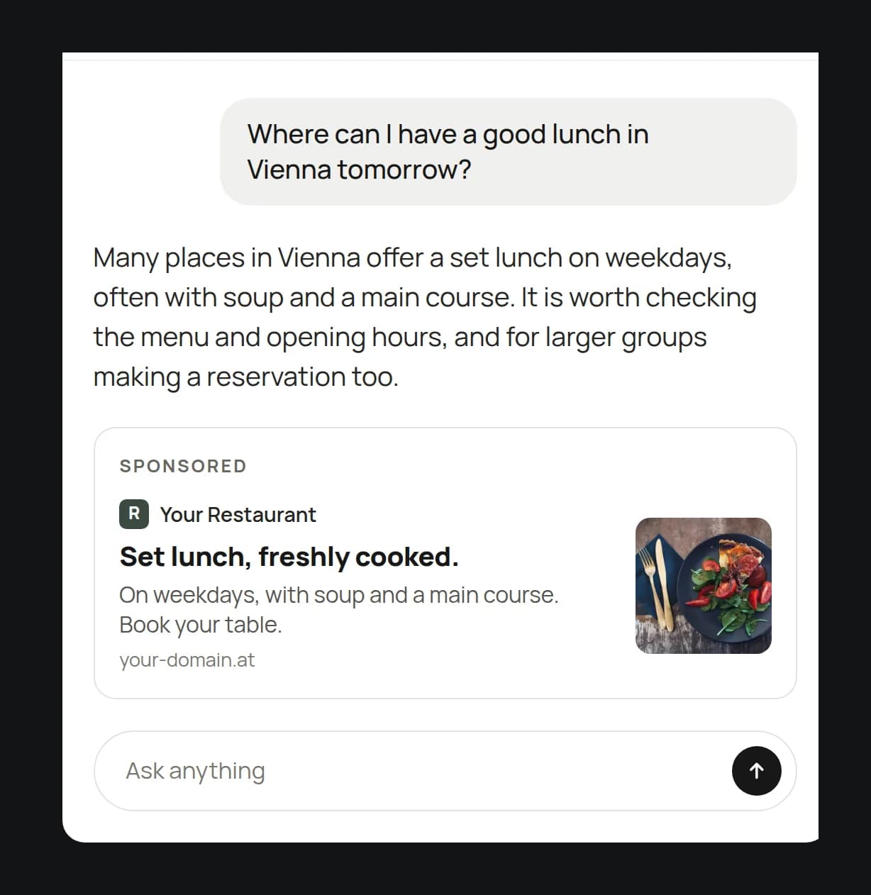 A ChatGPT answer to a question about a good lunch in Vienna, with an ad for a restaurant below it, labeled as sponsored and headed Set lunch, freshly cooked.