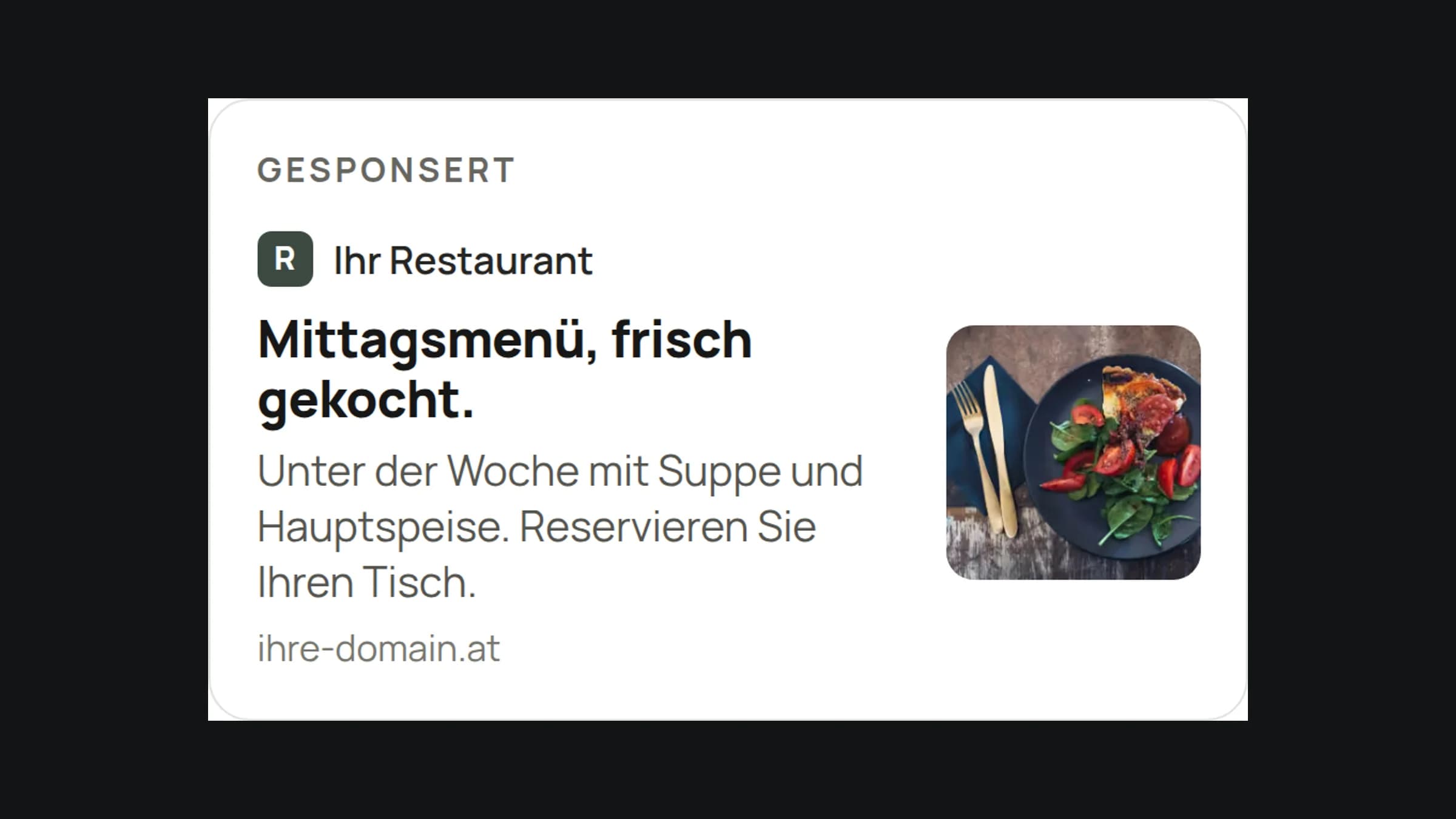 Eine als „Gesponsert“ gekennzeichnete Anzeige in ChatGPT für ein Restaurant mit der Überschrift „Mittagsmenü, frisch gekocht.“