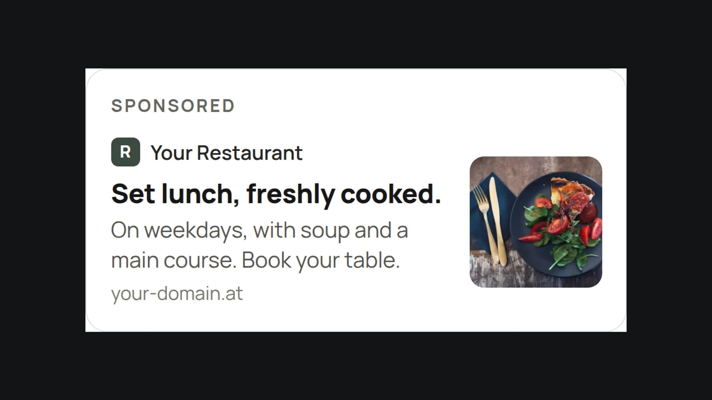 An ad in ChatGPT labeled as sponsored, for a restaurant with the headline Set lunch, freshly cooked.