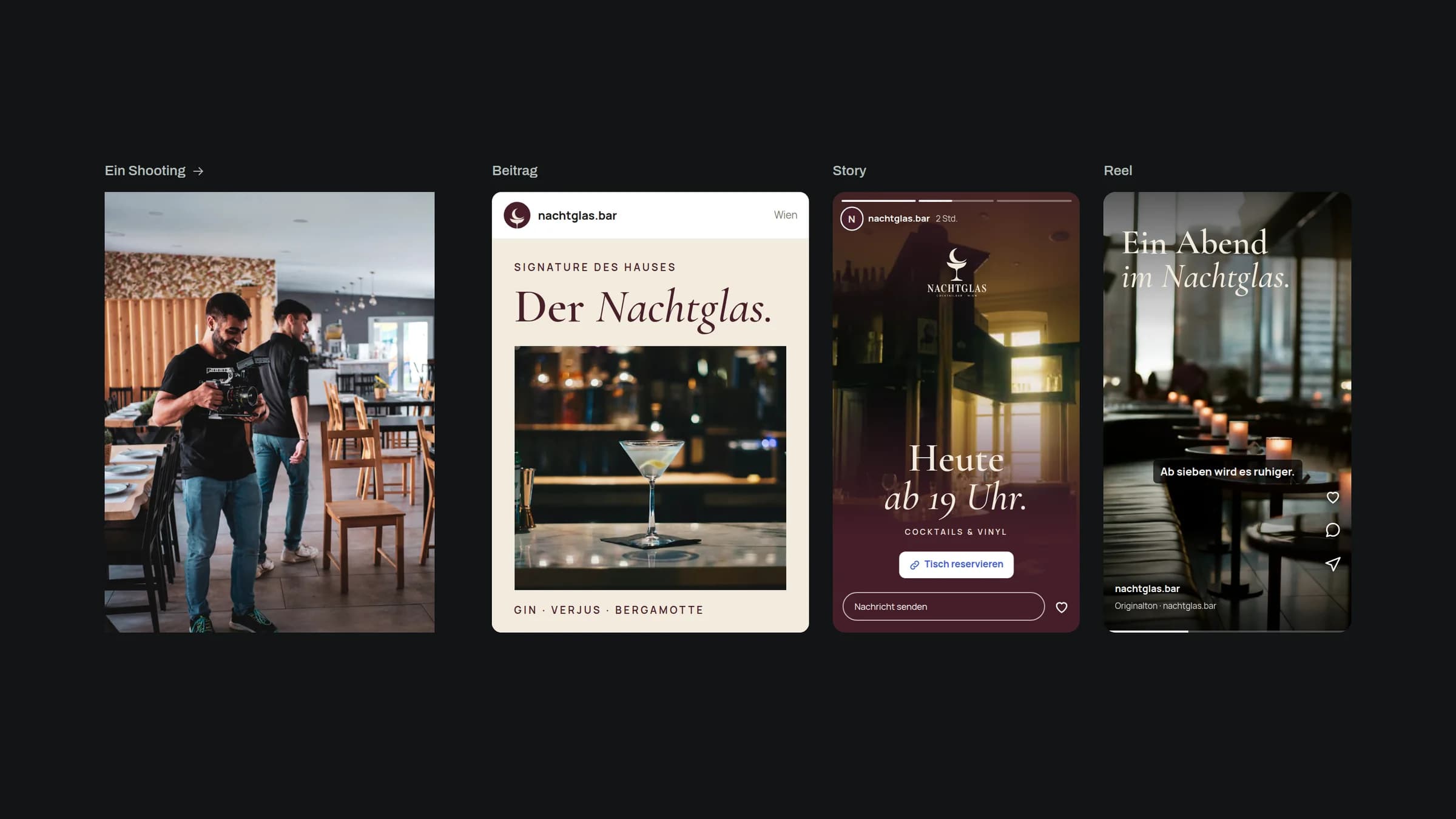 Ein Shooting in einem Lokal und drei Beiträge für die Cocktailbar NACHTGLAS mit kurzen Texten, als Beitrag, Story und Reel
