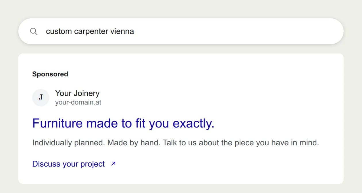A Google search for custom carpenter vienna with an ad from a joinery, labeled as sponsored, headed Furniture made to fit you exactly.