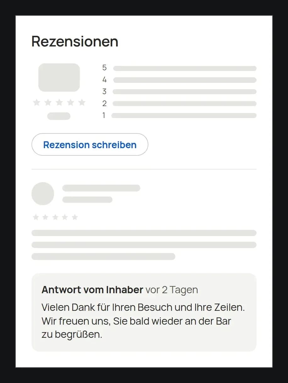 Die Rezensionen der Cocktailbar NACHTGLAS im Google-Profil: eine Bewertung und darunter die Antwort des Inhabers, die sich bedankt und erklärt, was sich geändert hat