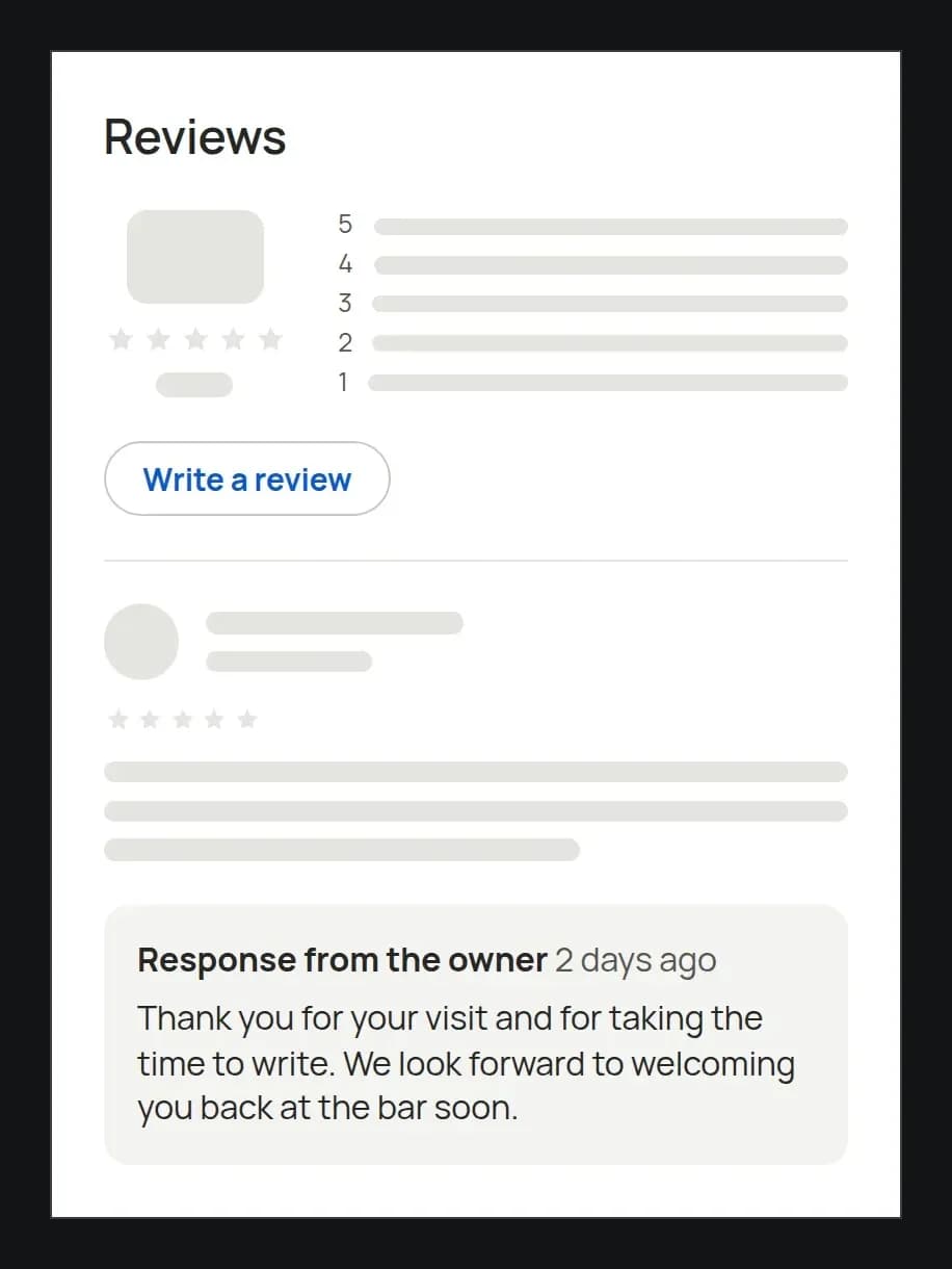 The reviews of the cocktail bar NACHTGLAS in its Google profile: one review and, below it, the owner's reply thanking the guest and explaining what has changed