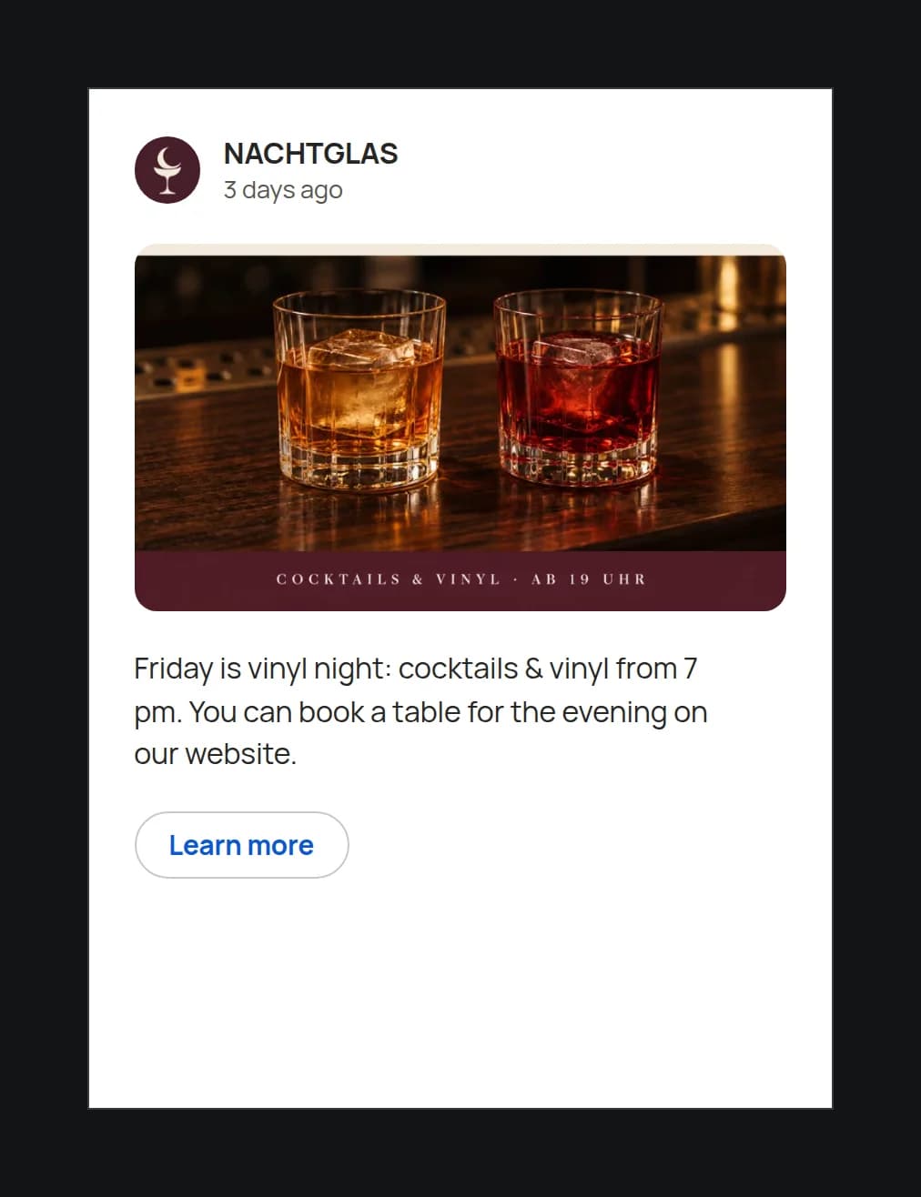 A post by the cocktail bar NACHTGLAS in its Google Business Profile: a photo of two cocktails, the text about Friday's vinyl night from 7 pm and a "Learn more" button