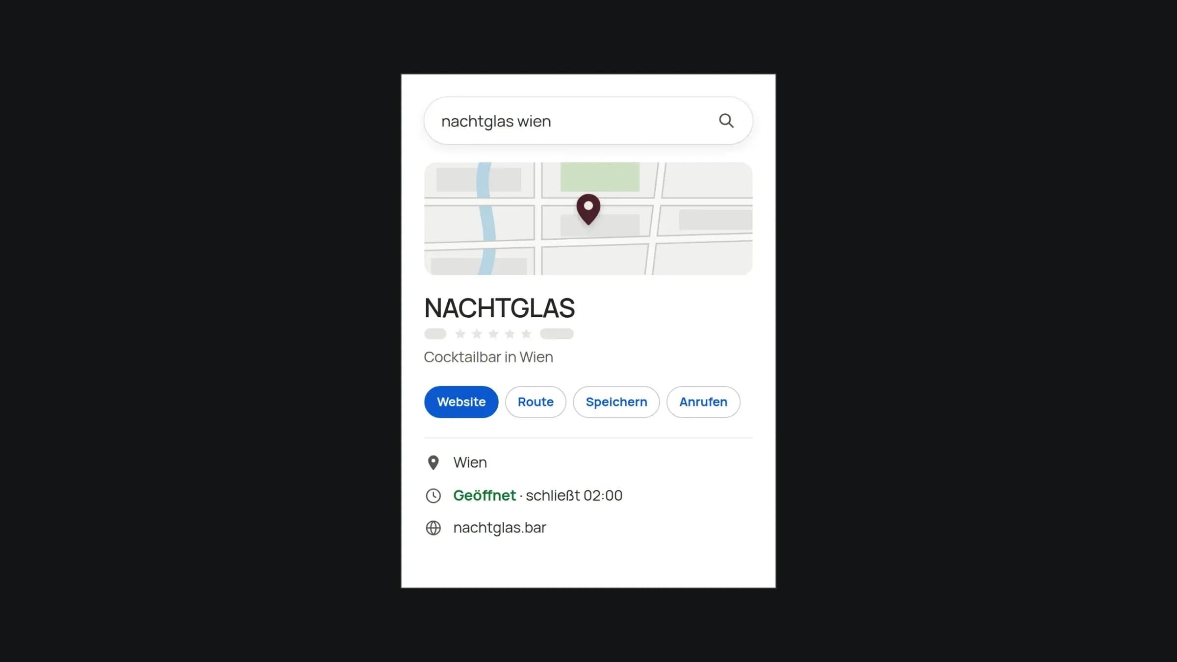 Das Google-Unternehmensprofil der Cocktailbar NACHTGLAS in der Suche, mit Karte, Sternebewertung unter dem Namen und Knöpfen für Website, Route und Anruf