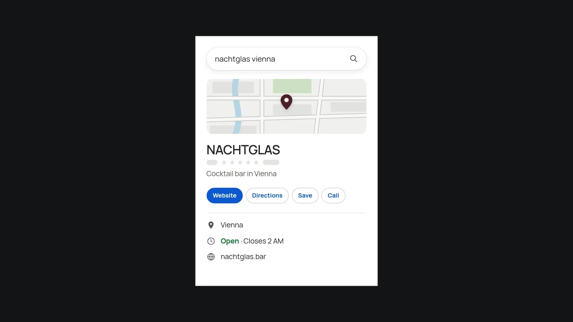 The Google Business Profile of the cocktail bar NACHTGLAS in Search, with a map, the star rating under its name and buttons for website, directions and calling