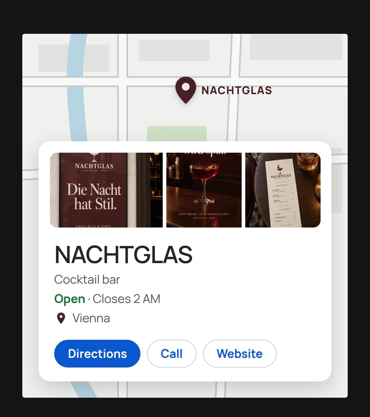 Google Business Profile of the cocktail bar NACHTGLAS on a map, with three photos, the opening hours and the buttons Directions, Call and Website