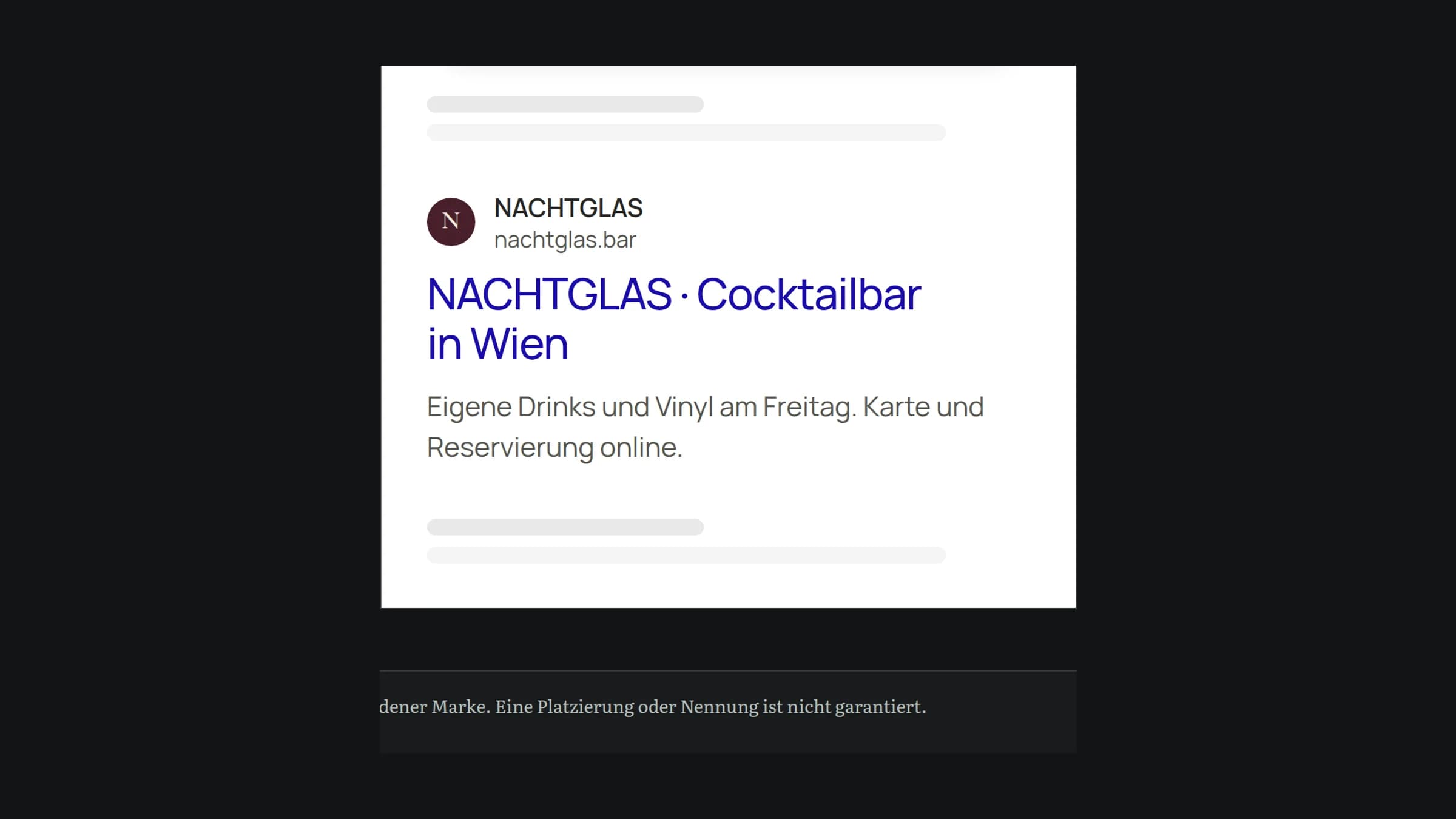 Google-Suche nach „cocktailbar wien“ mit dem Ergebnis der Cocktailbar NACHTGLAS und einem Link zu ihrer Website