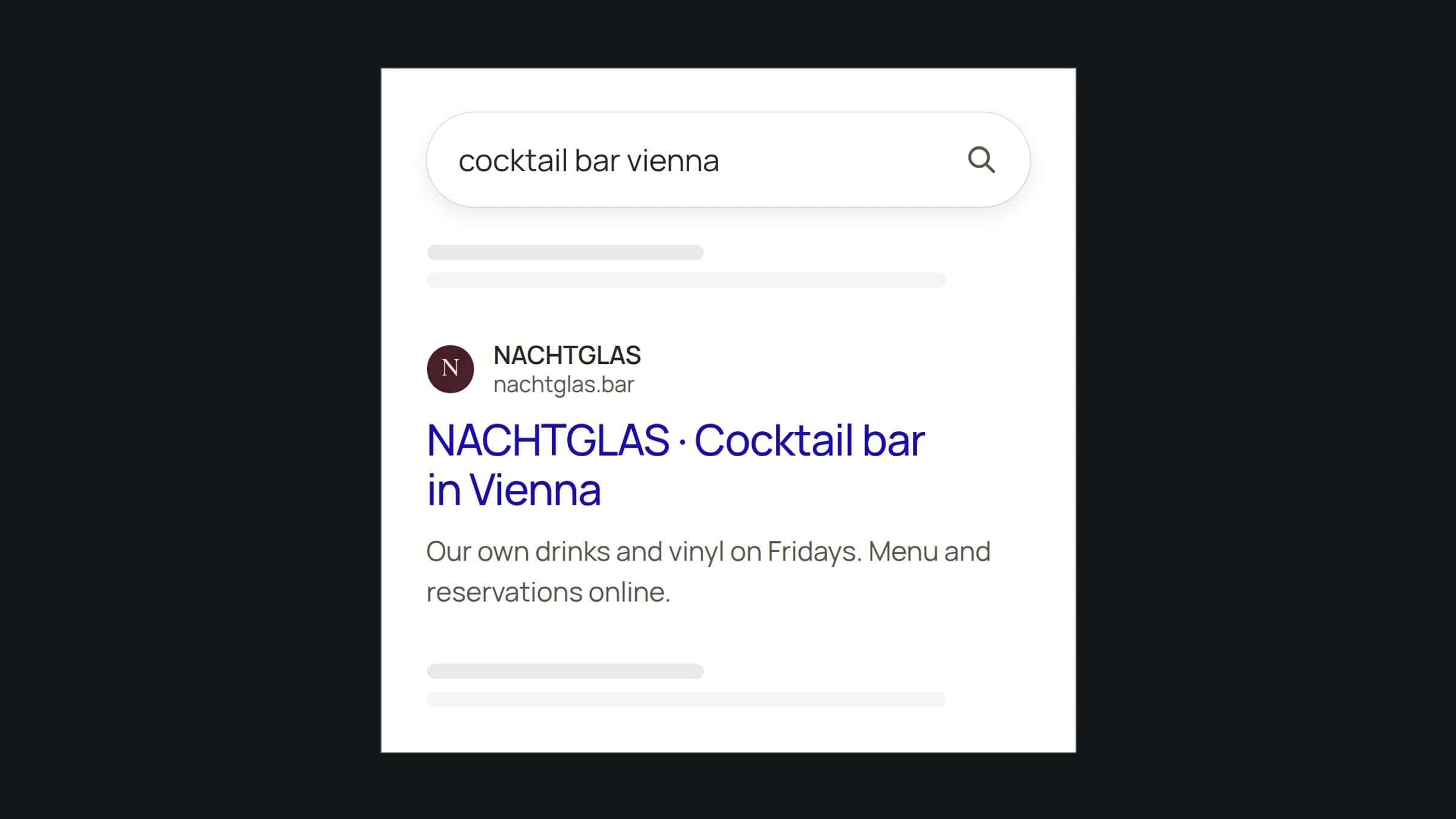A Google search for cocktail bar vienna with the result for the cocktail bar NACHTGLAS and a link to its website