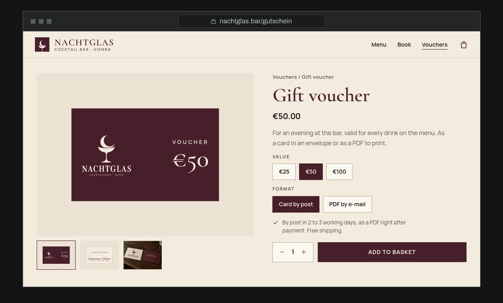 Product page for a gift voucher in the NACHTGLAS cocktail bar's online shop with picture, price, description, a choice of value and format and the "Add to basket" button