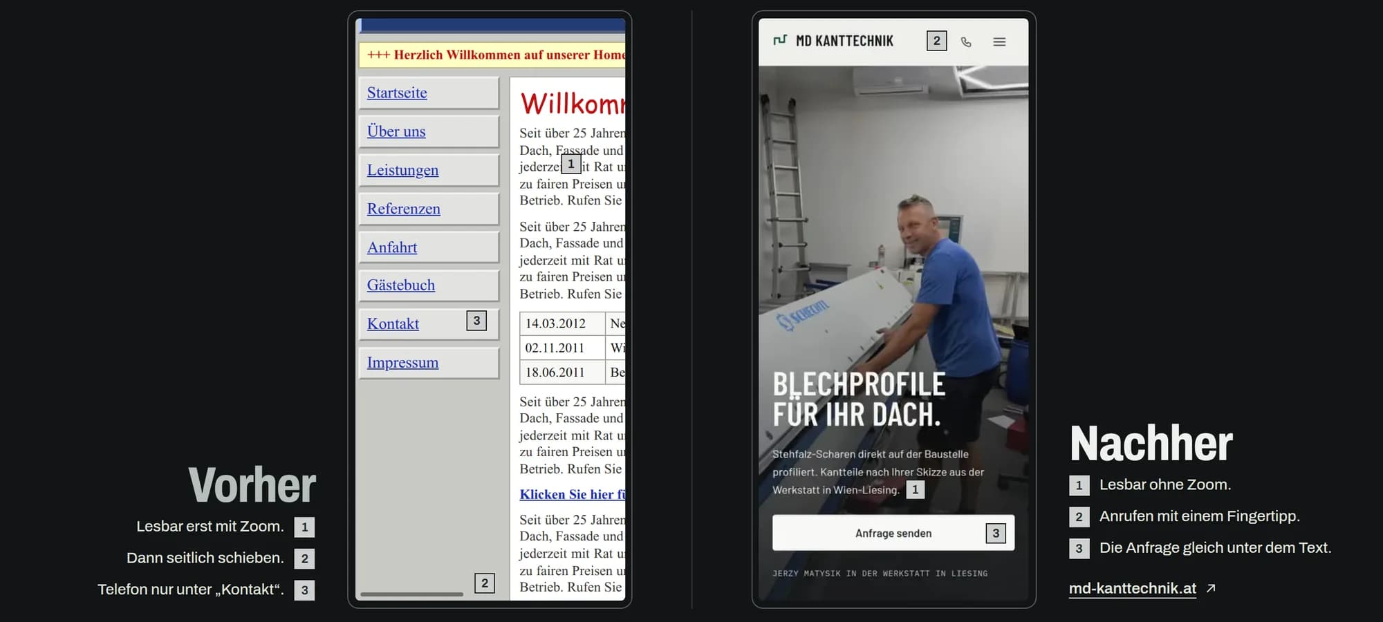 Zwei Handys nebeneinander: links eine alte Website eines Musterbetriebs, die nur mit Zoom lesbar ist und seitlich verschoben werden muss, rechts die Website von MD Kanttechnik mit lesbarer Schrift, Telefonknopf und dem Knopf „Anfrage senden“
