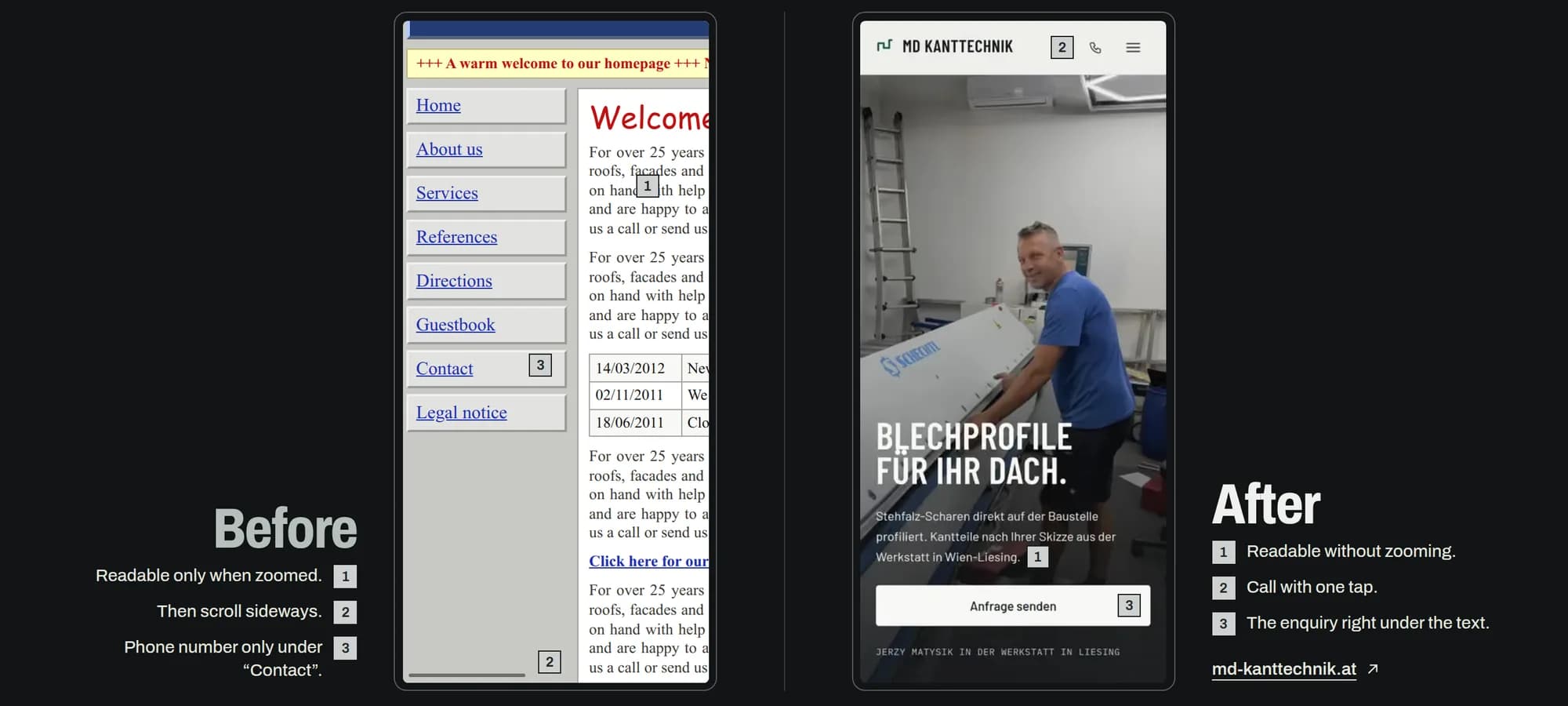 Two phones side by side: on the left a sample business's old website that is only readable when zoomed in and has to be scrolled sideways, on the right the MD Kanttechnik website with readable text, a call button and a "send enquiry" button