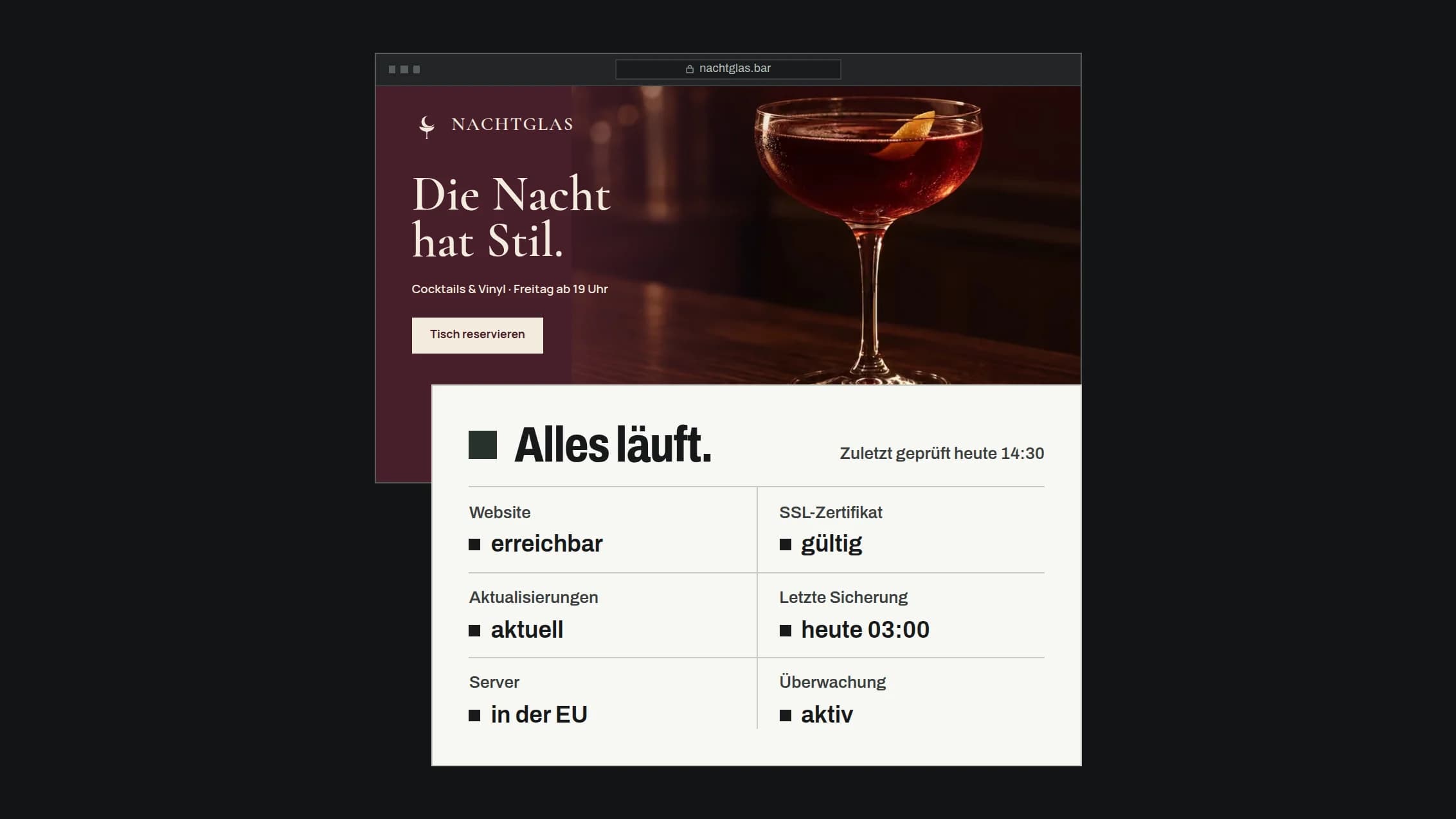 Die Website der Cocktailbar NACHTGLAS unter nachtglas.bar im Browser, davor ein Statusfeld „Alles läuft.“ mit Website erreichbar, SSL-Zertifikat gültig und Server in der EU