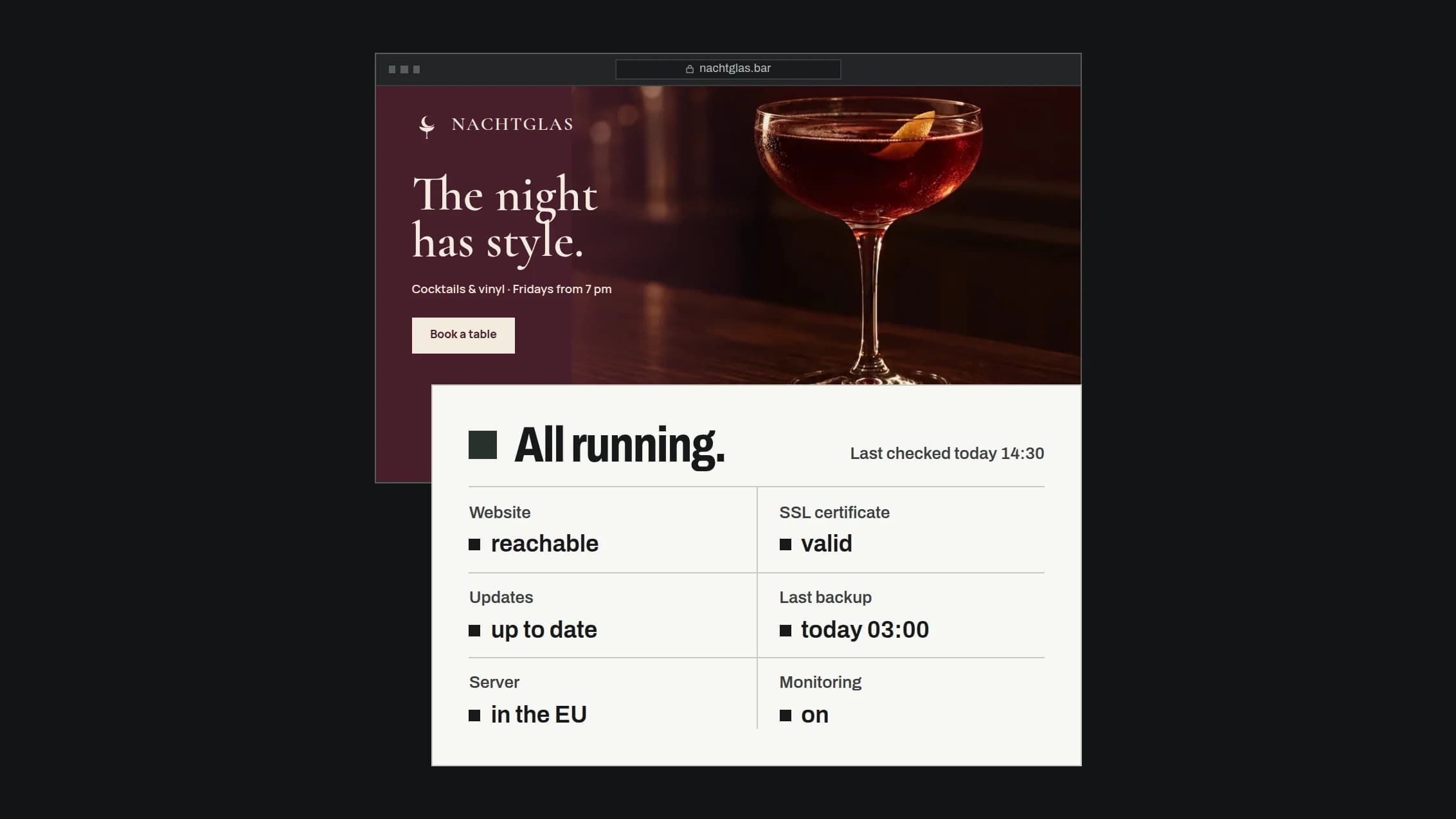 The website of the cocktail bar NACHTGLAS at nachtglas.bar in a browser, with a status panel reading “All running.”, website reachable, SSL certificate valid, server in the EU