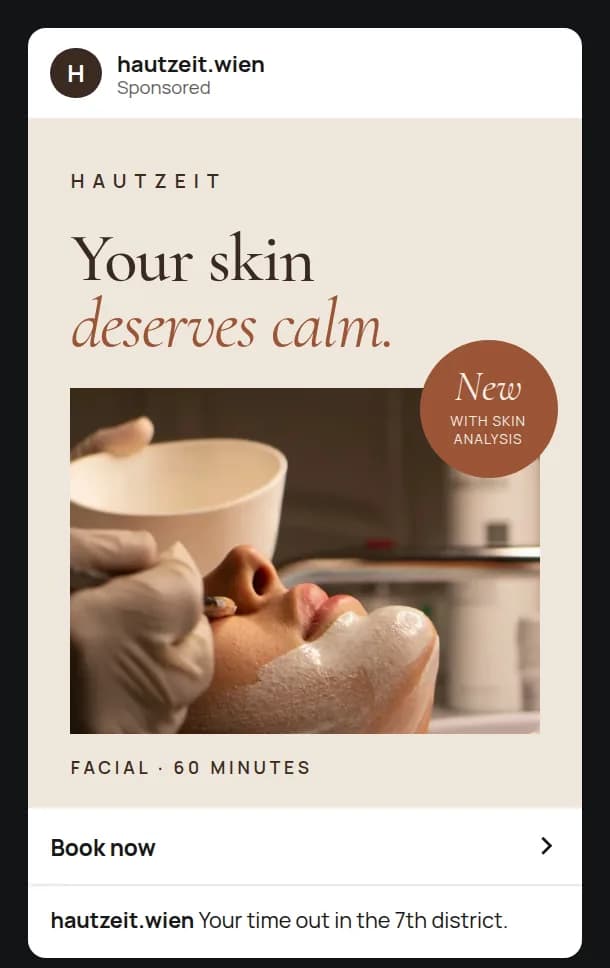 Sponsored Instagram post by HAUTZEIT for a 60-minute facial with a Book appointment button