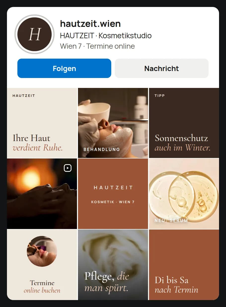 Instagram-Profil des Kosmetikstudios HAUTZEIT mit einem Raster aus Beiträgen zu Behandlungen, Pflegetipps und Terminen