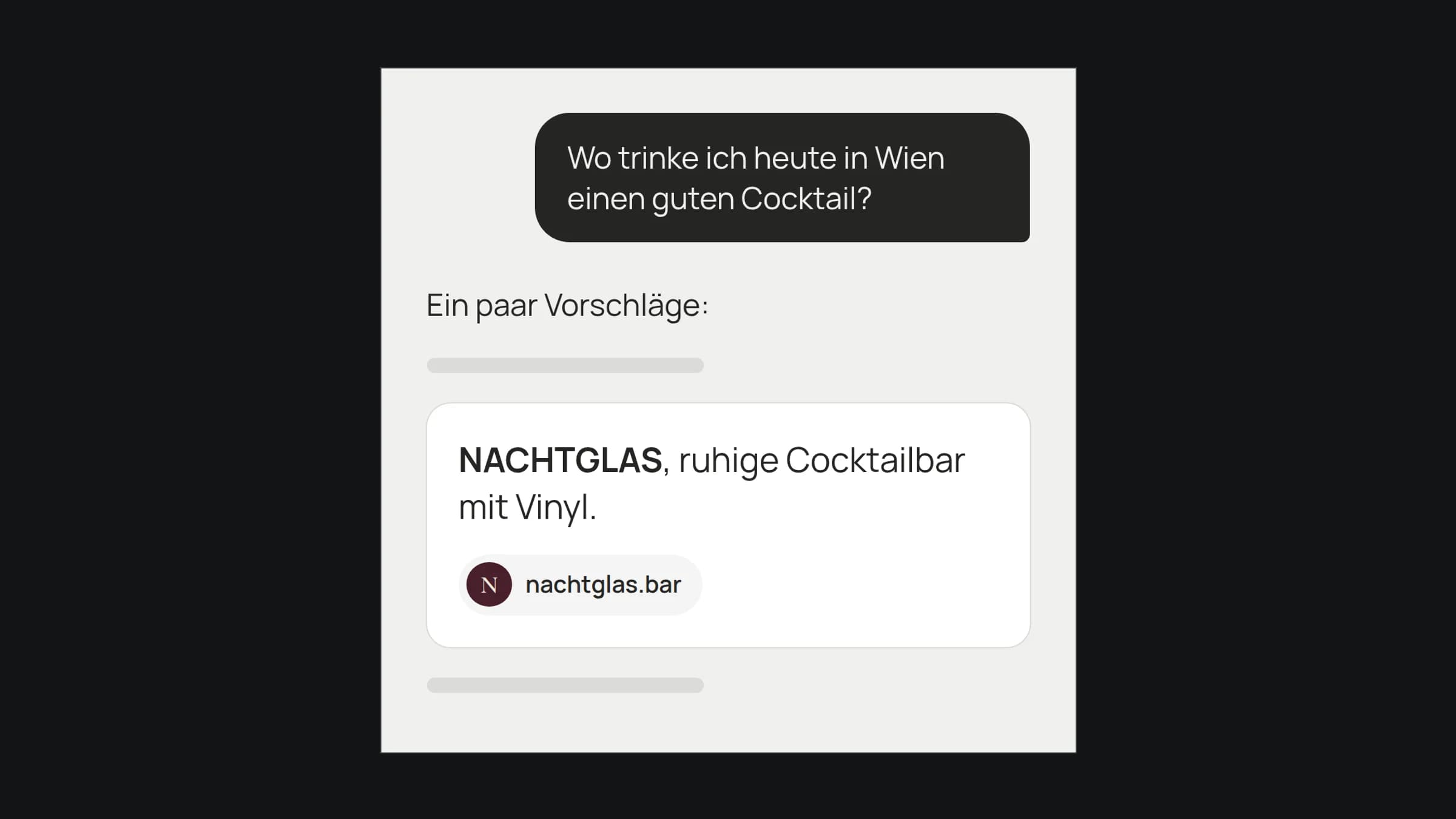 Eine KI-Antwort auf die Frage nach einem guten Cocktail in Wien, die die Cocktailbar NACHTGLAS mit ihrer Website nennt