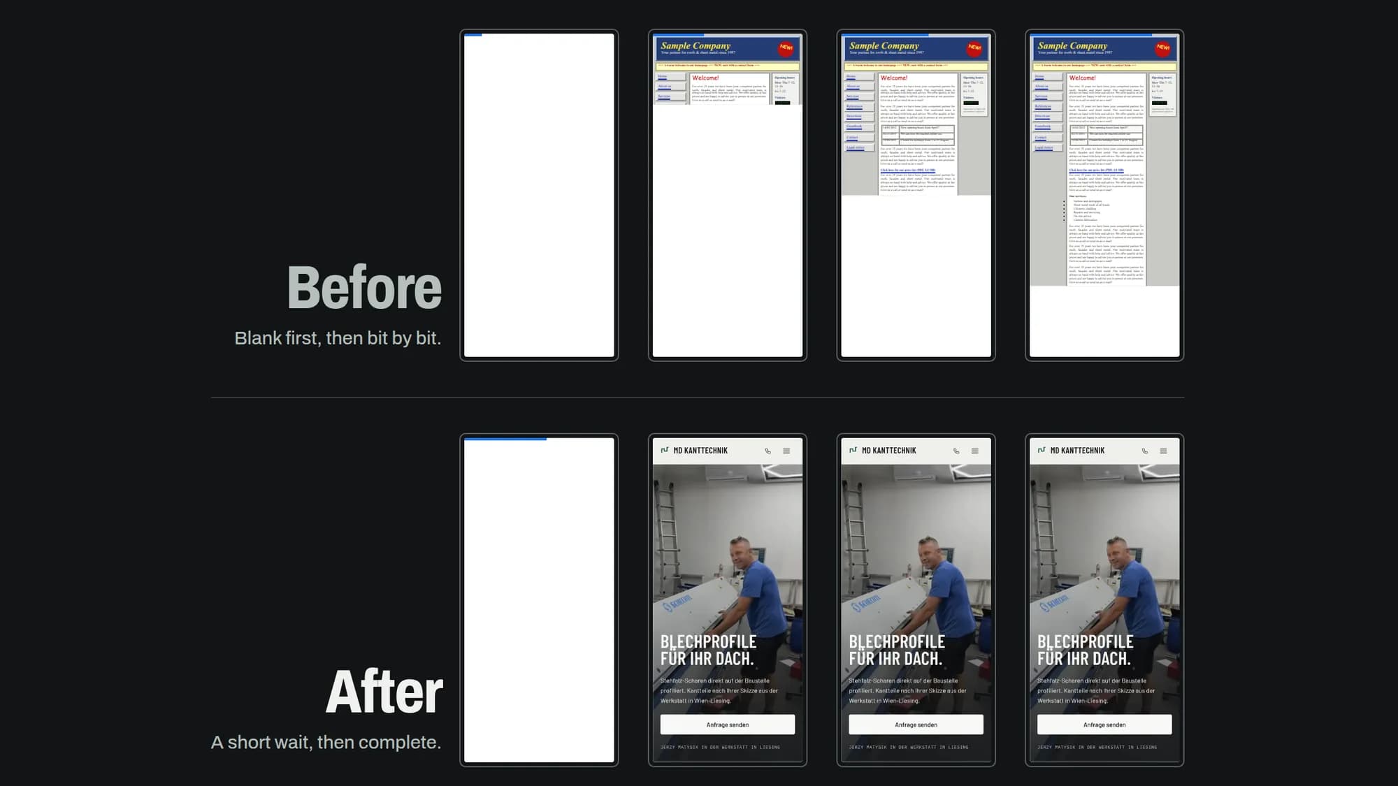 A schematic loading sequence of two websites on a phone, the old one stays blank and builds up bit by bit, the reworked MD Kanttechnik site is complete after a short wait