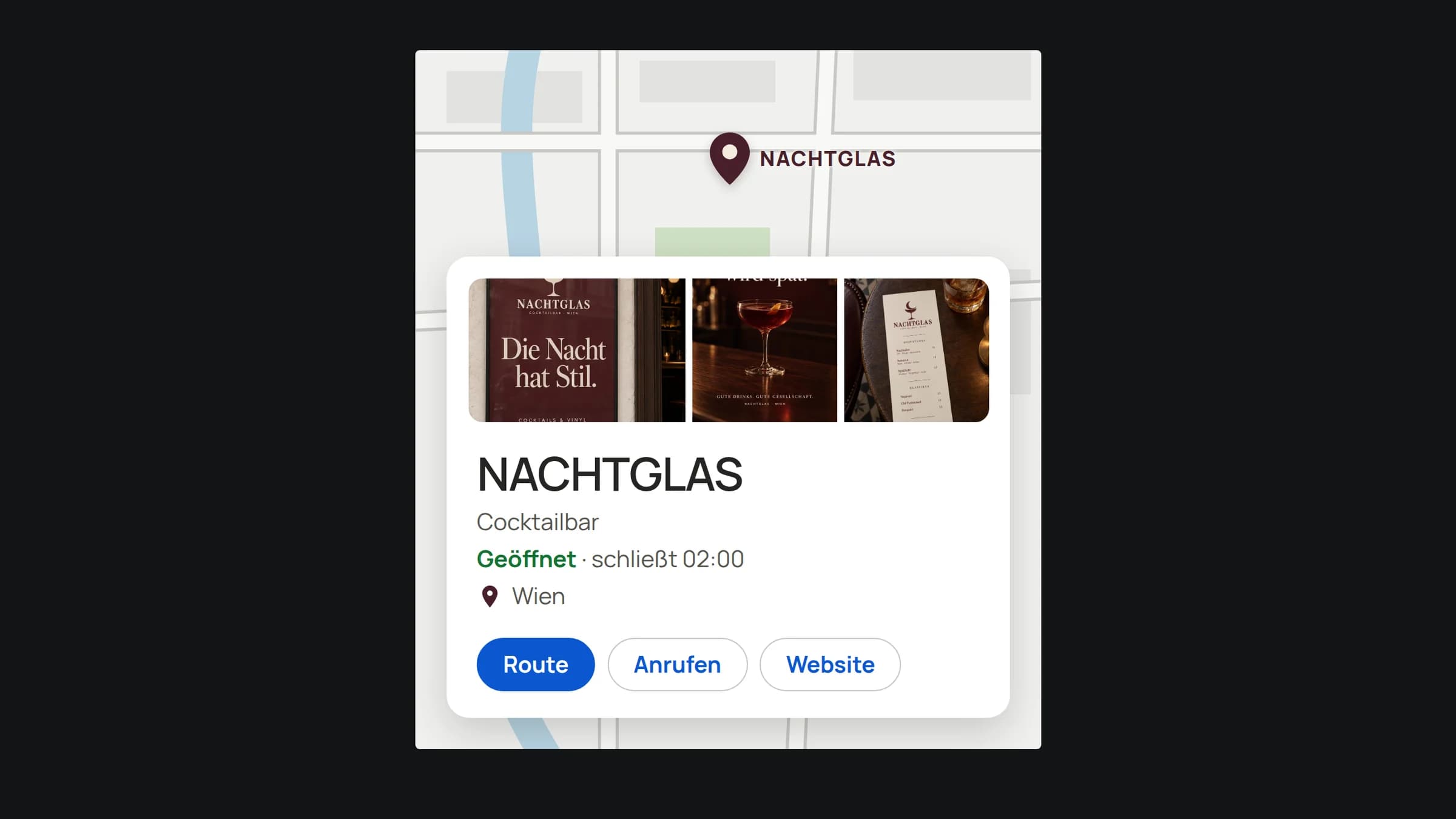 Google-Unternehmensprofil der Cocktailbar NACHTGLAS auf einer Karte, mit Fotos, der Öffnungszeit und den Knöpfen Route, Anrufen und Website