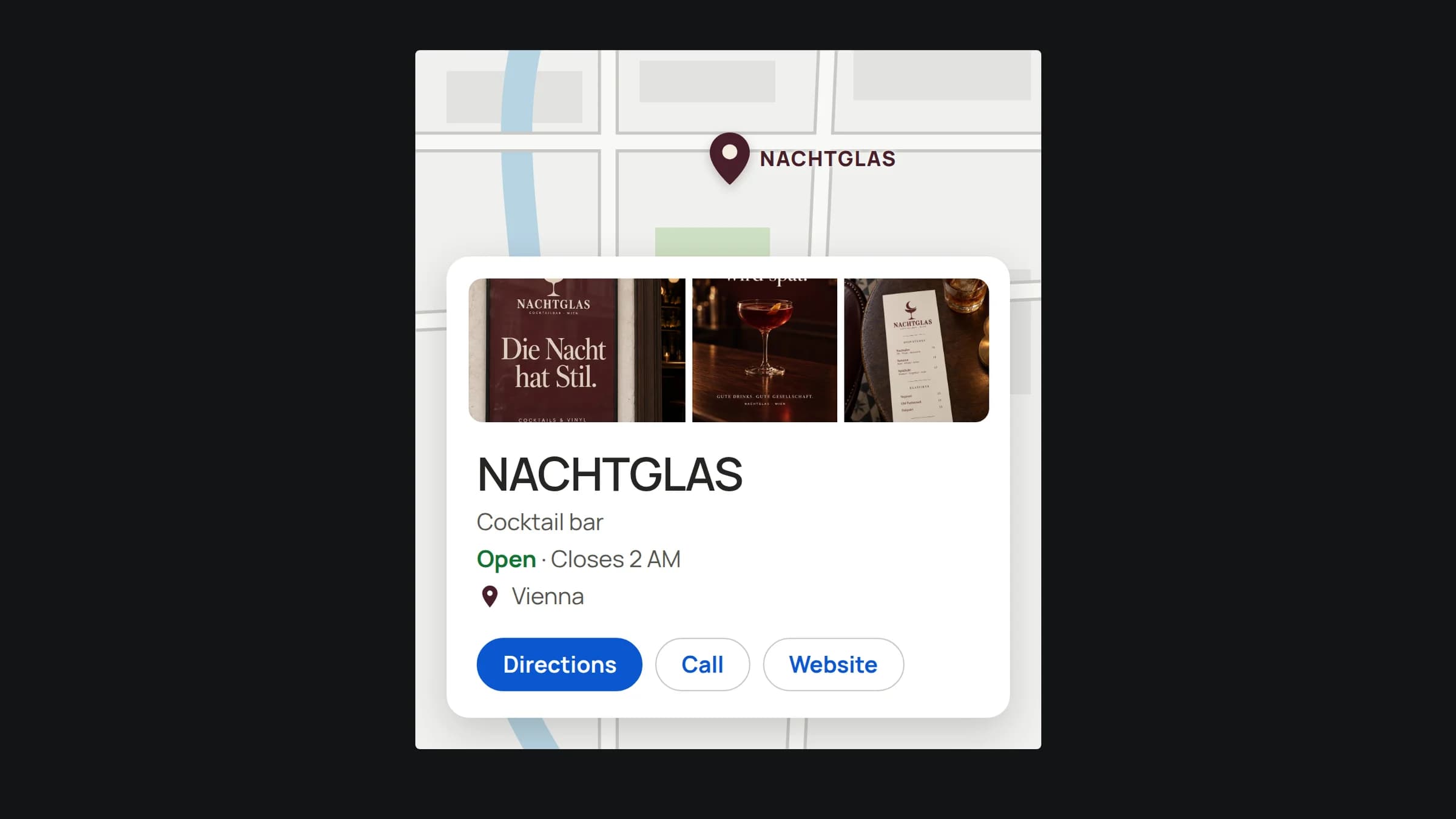 Google Business Profile of the cocktail bar NACHTGLAS on a map, with photos, its opening hours and the buttons Directions, Call and Website