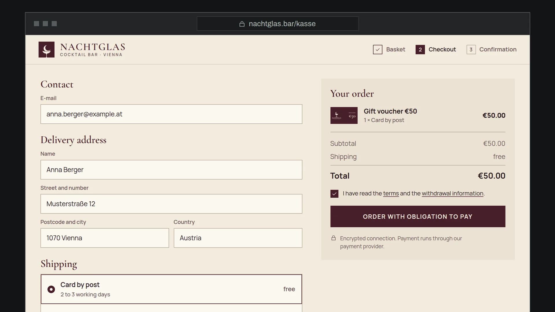 The checkout of the NACHTGLAS cocktail bar's online shop with a gift voucher, fields for name and e-mail and the button to pay