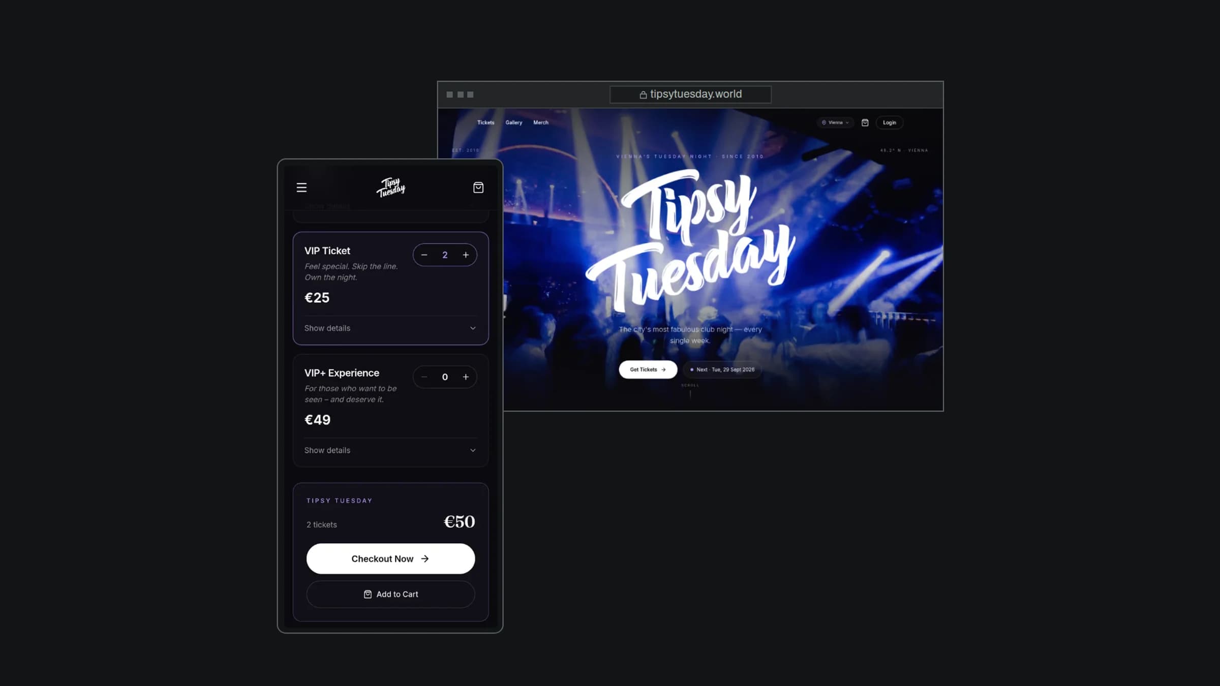 Die Website von Tipsy Tuesday in einem Browserfenster, davor die Ticketauswahl auf einem Telefon mit dem Knopf „Checkout Now“