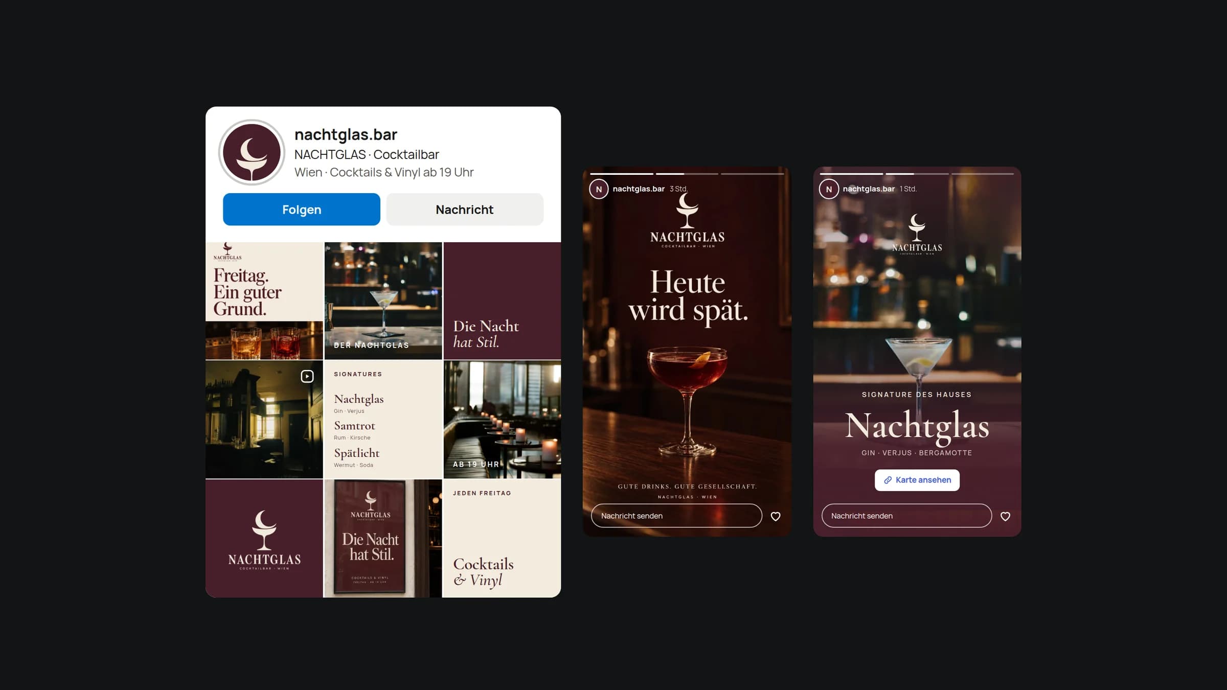Instagram-Profil der Cocktailbar NACHTGLAS mit einem Raster aus Beiträgen, daneben zwei Storys