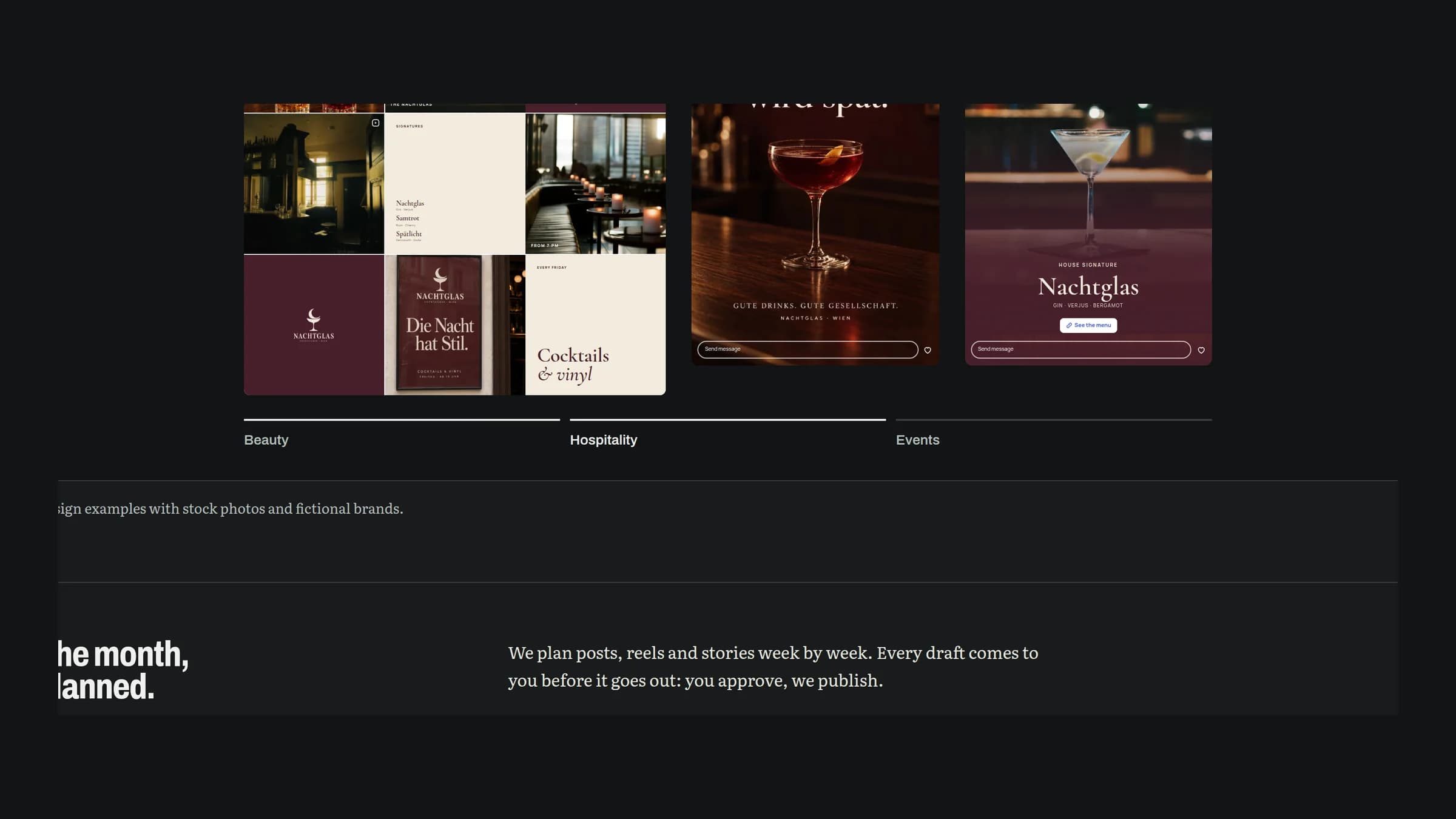 Instagram profile of the cocktail bar NACHTGLAS with a grid of posts, beside it two stories