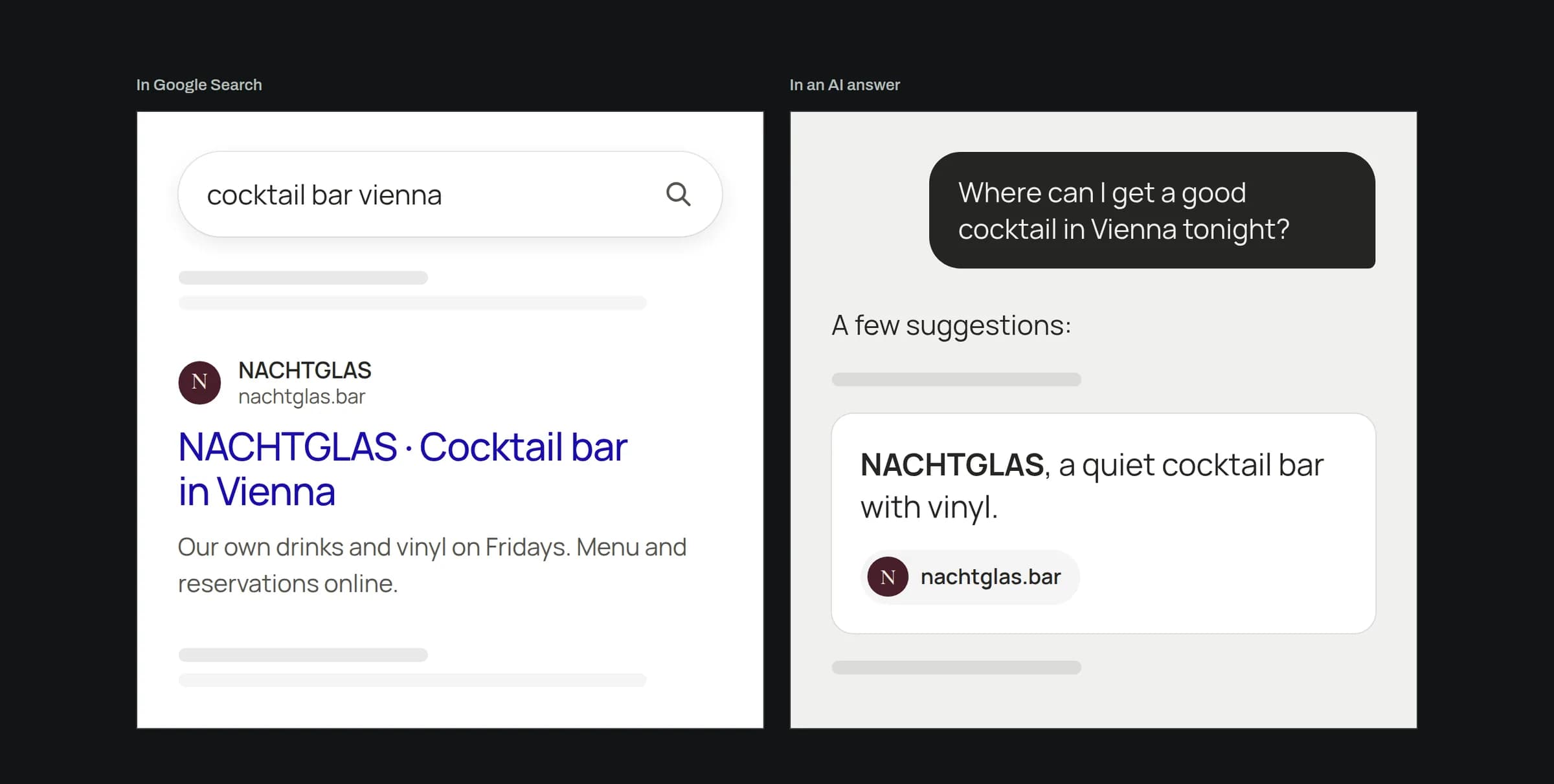 A Google search result for the cocktail bar NACHTGLAS on the left, an AI answer naming the same bar on the right