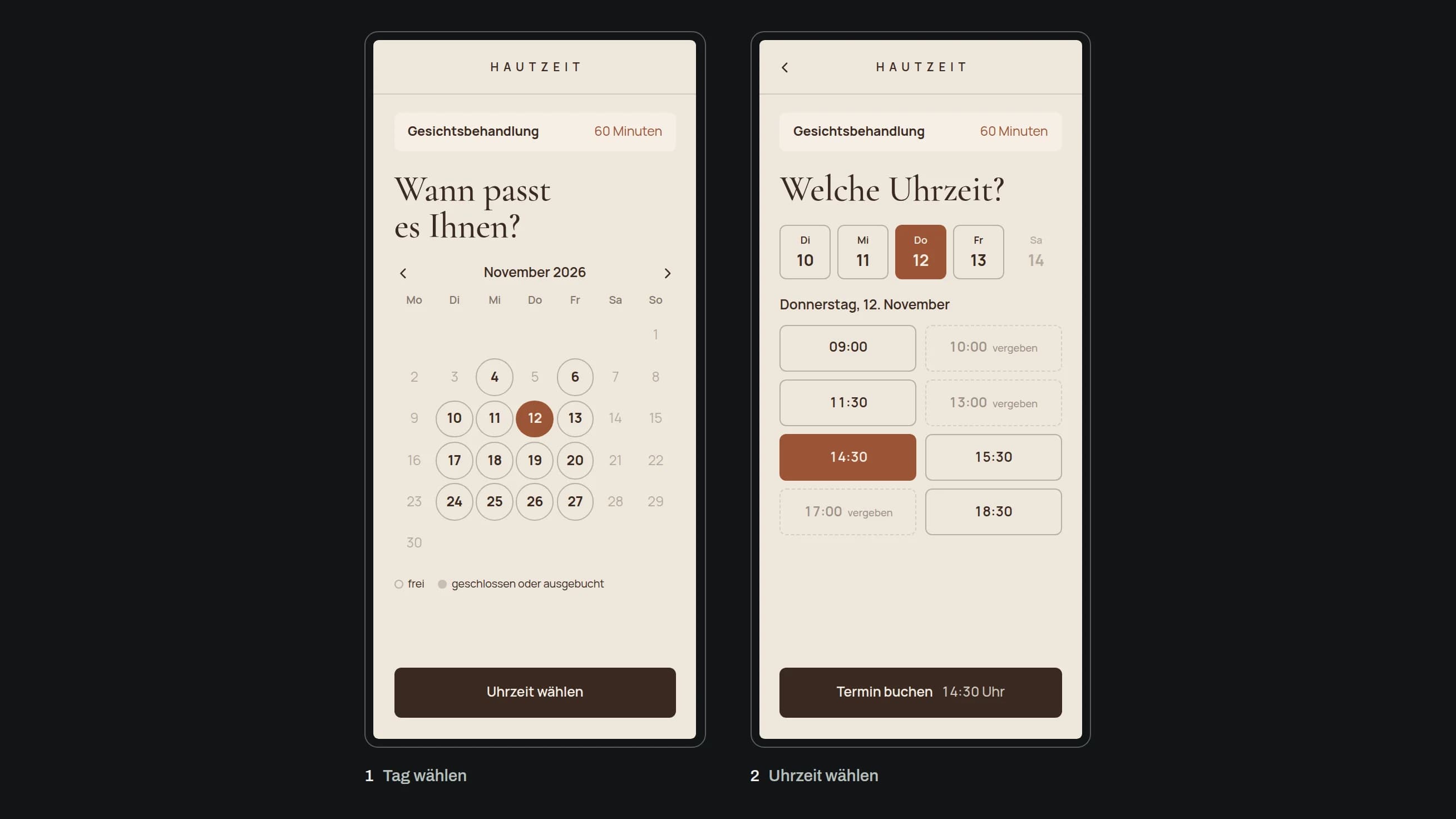 Zwei Handys mit der Online-Terminbuchung des Kosmetikstudios HAUTZEIT, links ein Monatskalender mit freien Tagen im November, rechts die freien und vergebenen Uhrzeiten am 12. November
