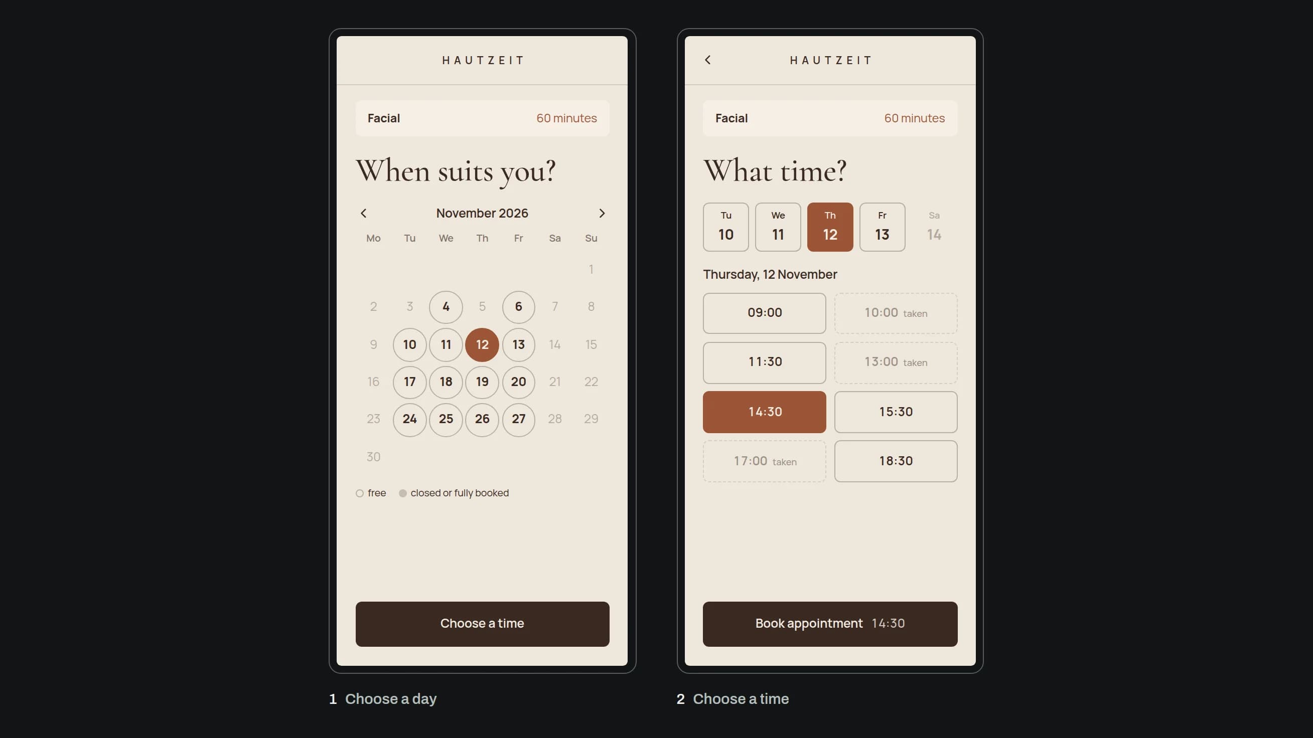 Two phones showing the online booking of the beauty studio HAUTZEIT, on the left a month calendar with free days in November, on the right the free and taken times on 12 November
