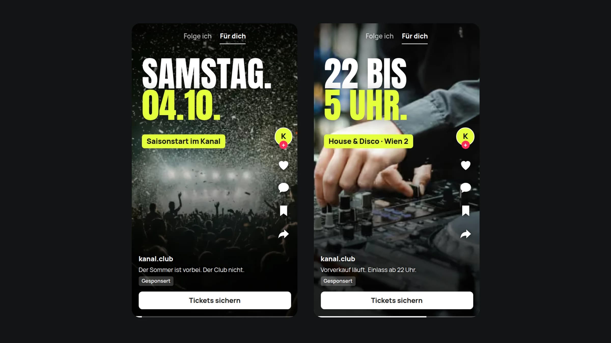 Zwei als „Gesponsert“ gekennzeichnete TikTok-Anzeigen des Clubs KANAL, eine zum Saisonstart am 04.10., eine zu den Öffnungszeiten von 22 bis 5 Uhr