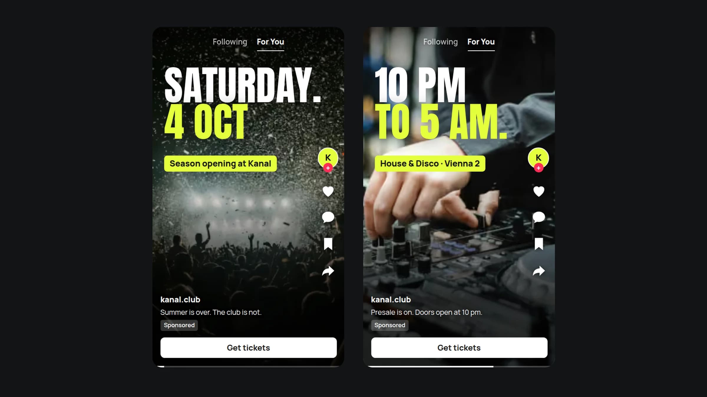 Two sponsored TikTok ads for the club KANAL, one for the season opening and one for its opening hours