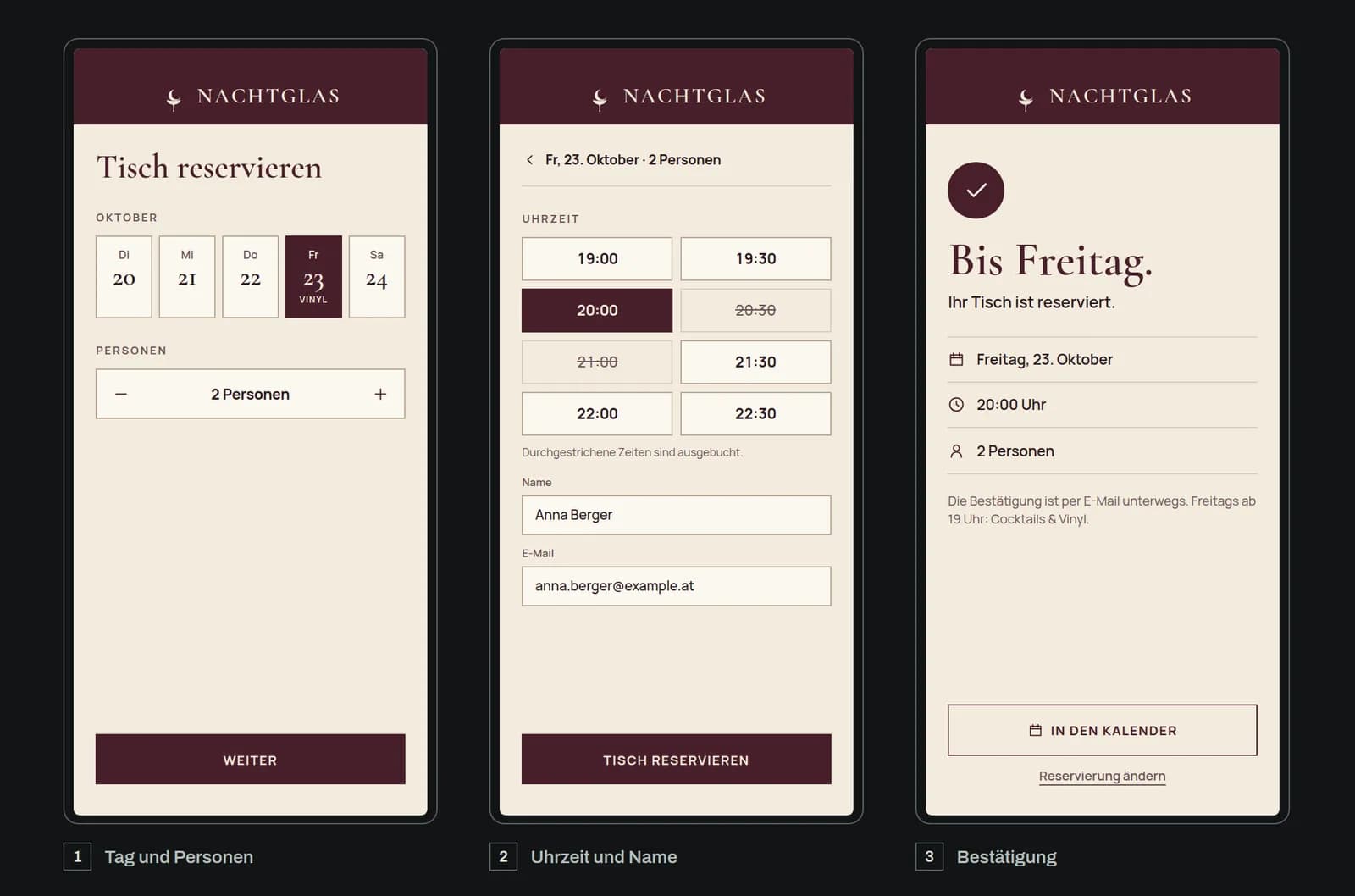 Online-Tischreservierung der Cocktailbar NACHTGLAS in drei Schritten auf dem Telefon: Tag und Personenzahl wählen, Uhrzeit und Name eingeben, Bestätigung der Reservierung
