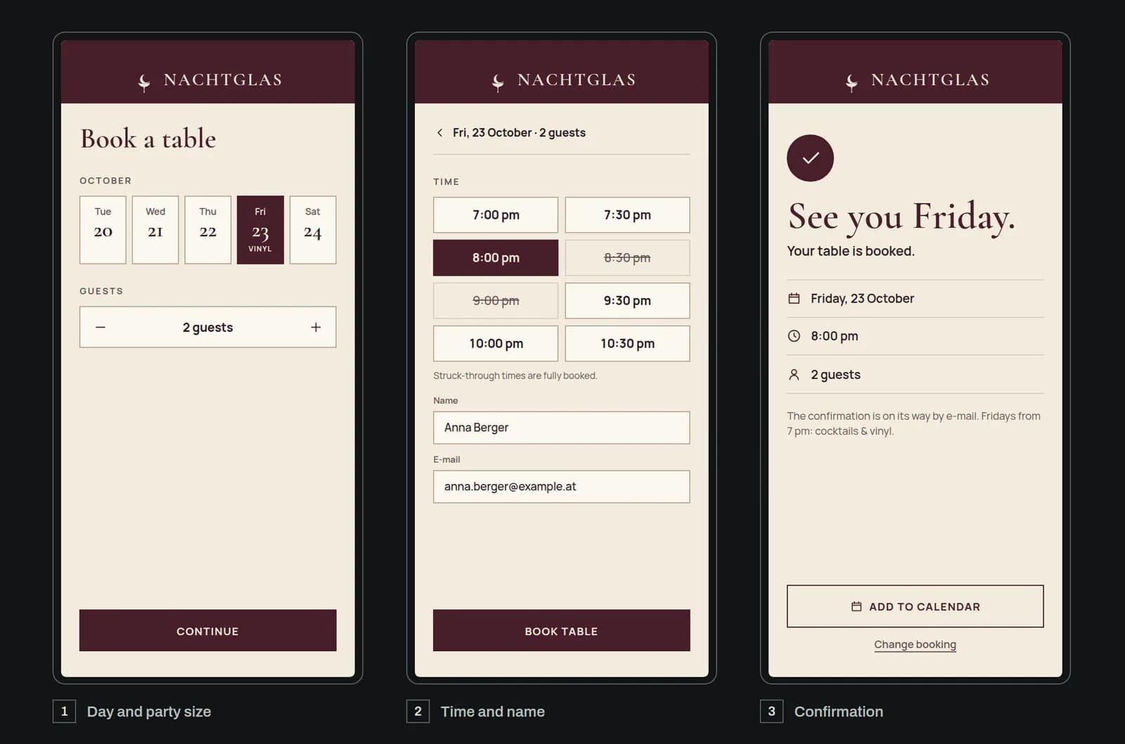 Online table reservation for the NACHTGLAS cocktail bar in three steps on a phone: choose a day and the number of people, enter a time and name, see the confirmation