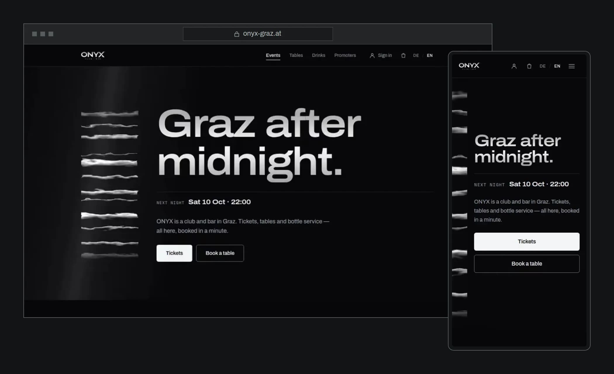 Die Website des Clubs ONYX Graz in einem Browserfenster mit der Adresse onyx-graz.at, daneben dieselbe Seite auf einem Telefon