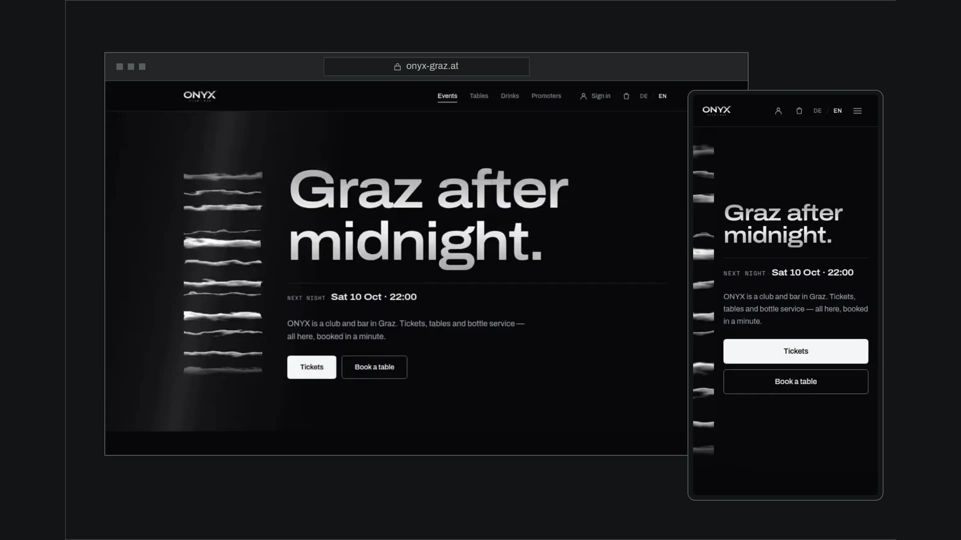 Die Website von ONYX Graz in einem Browserfenster und auf einem Telefon, mit der Überschrift „Graz after midnight.“ und den Knöpfen Tickets und Book a table