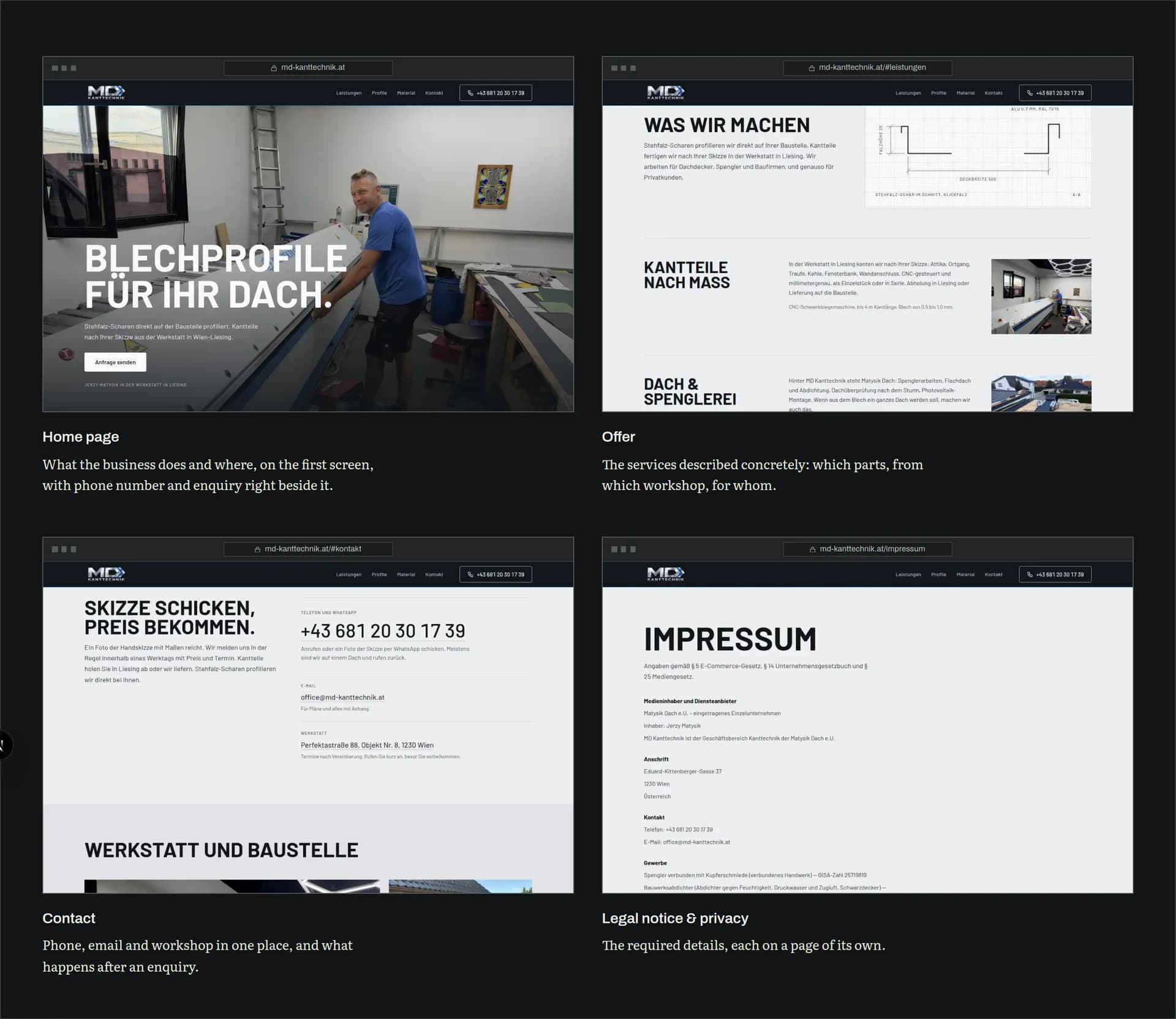 Four pages of the MD Kanttechnik website side by side: home page, services, contact, and imprint and privacy