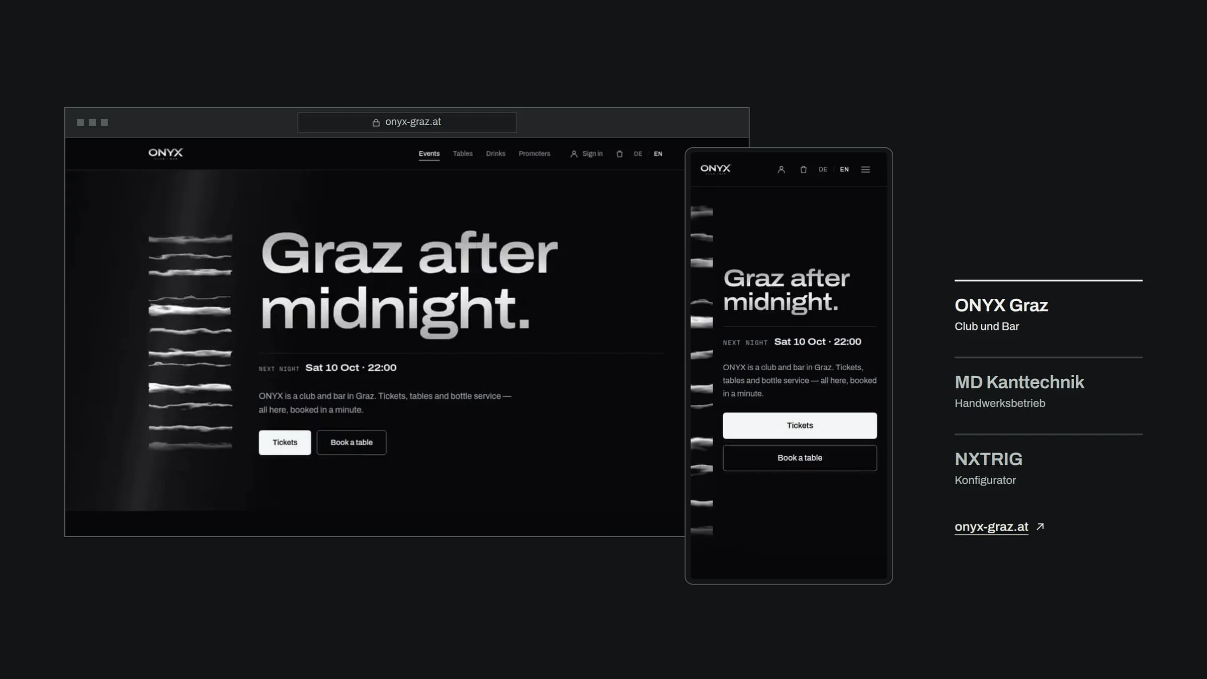 Die Website des Clubs ONYX Graz in einem Browserfenster und auf einem Telefon, daneben die Projekte ONYX Graz, MD Kanttechnik und NXTRIG
