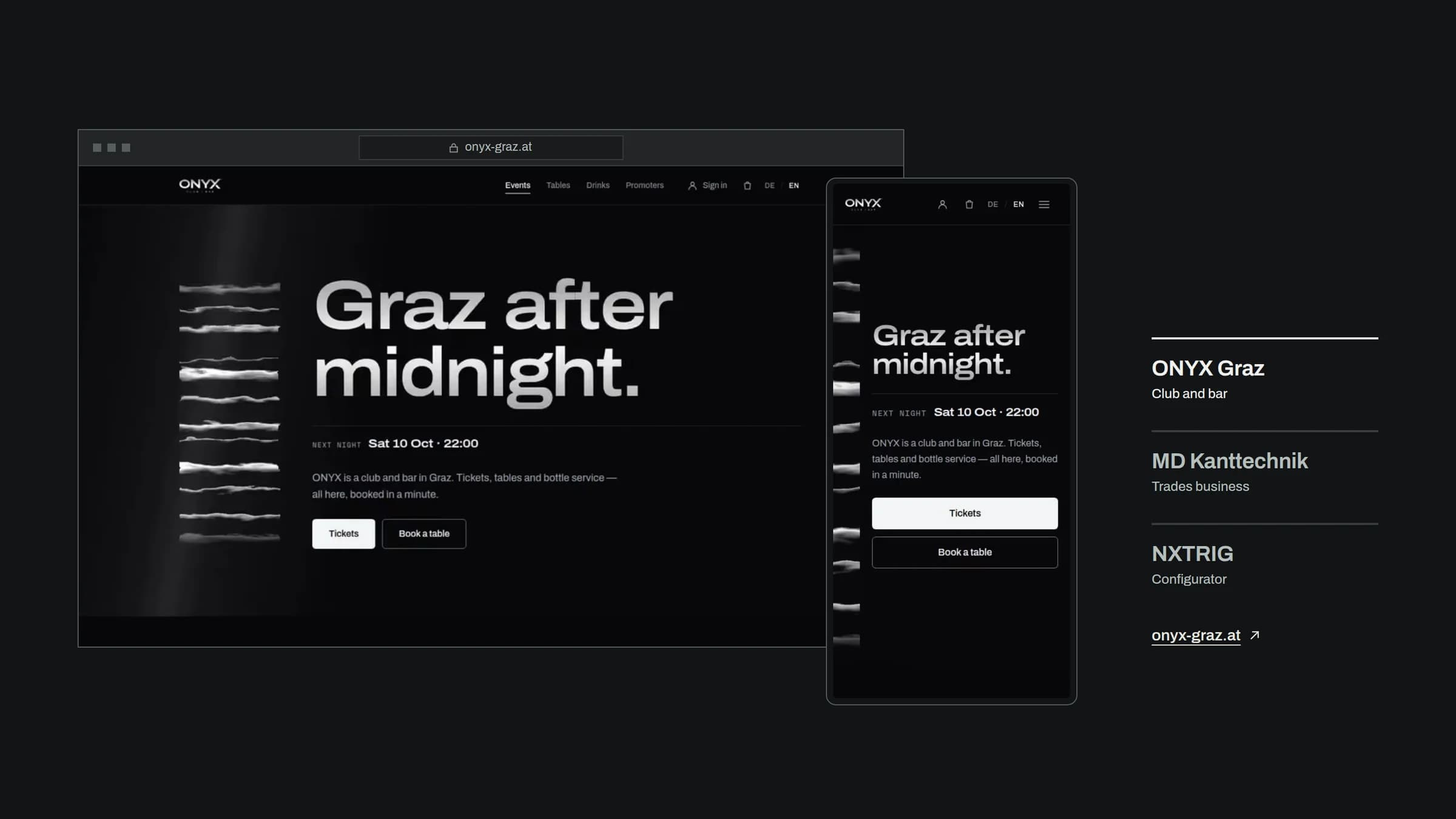 The ONYX Graz club website in a browser window and on a phone, beside it the projects ONYX Graz, MD Kanttechnik and NXTRIG