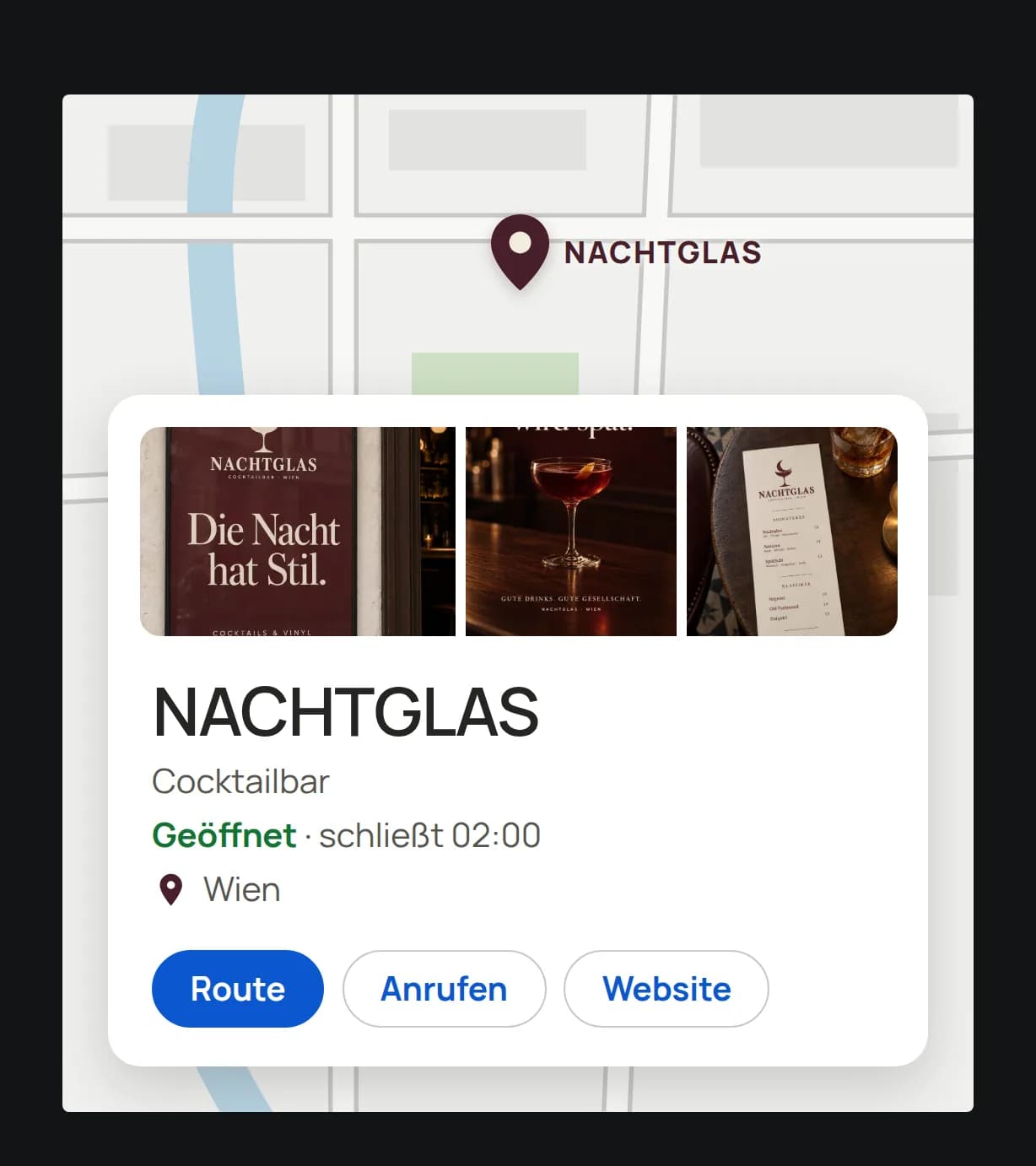Google-Unternehmensprofil der Cocktailbar NACHTGLAS auf einer Karte, mit drei Fotos, der Öffnungszeit und den Knöpfen Route, Anrufen und Website